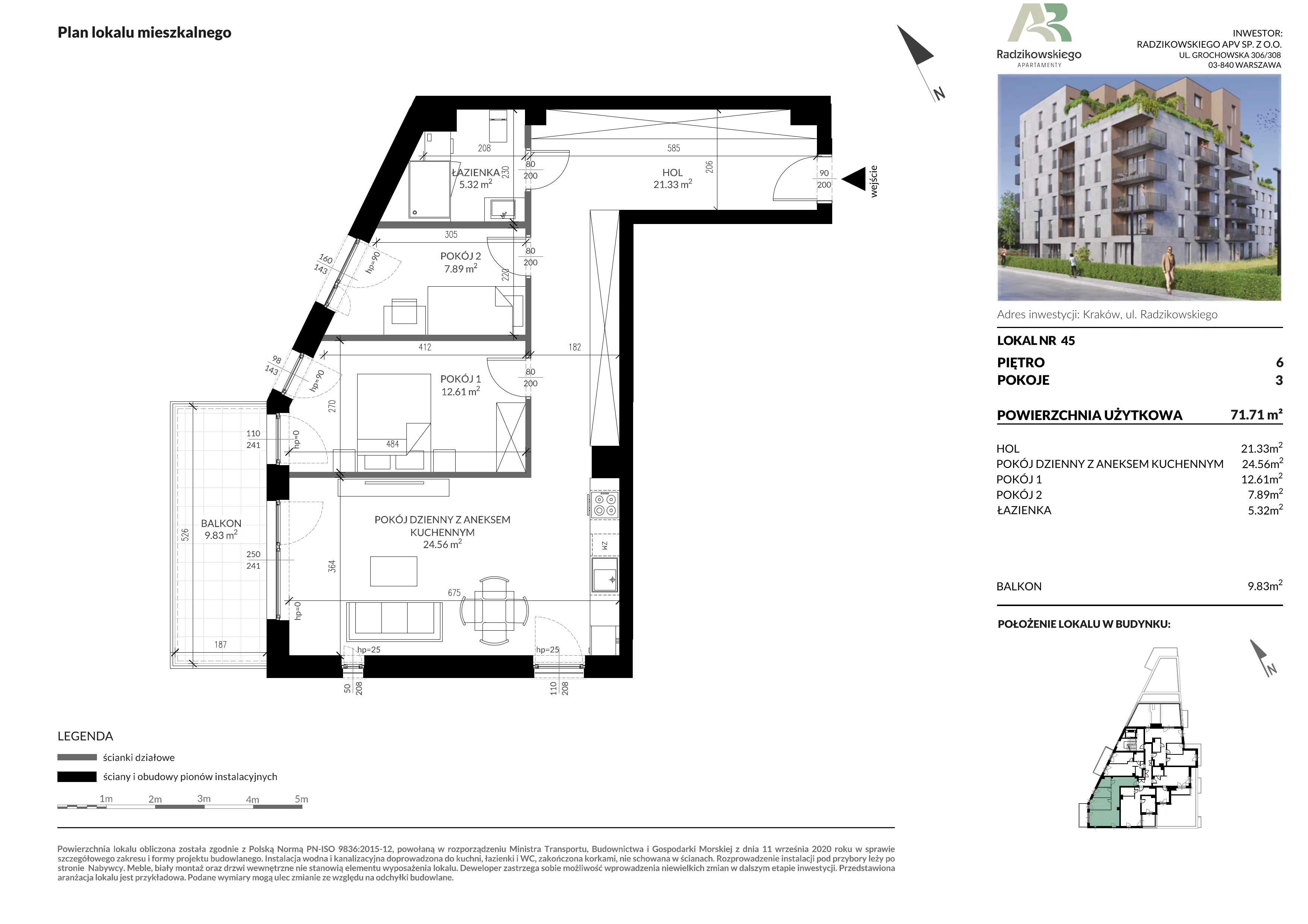 3 pokoje, mieszkanie 72,15 m², piętro 6, oferta nr 45, Apartamenty Radzikowskiego, Kraków, Prądnik Biały, Azory, ul. Radzikowskiego