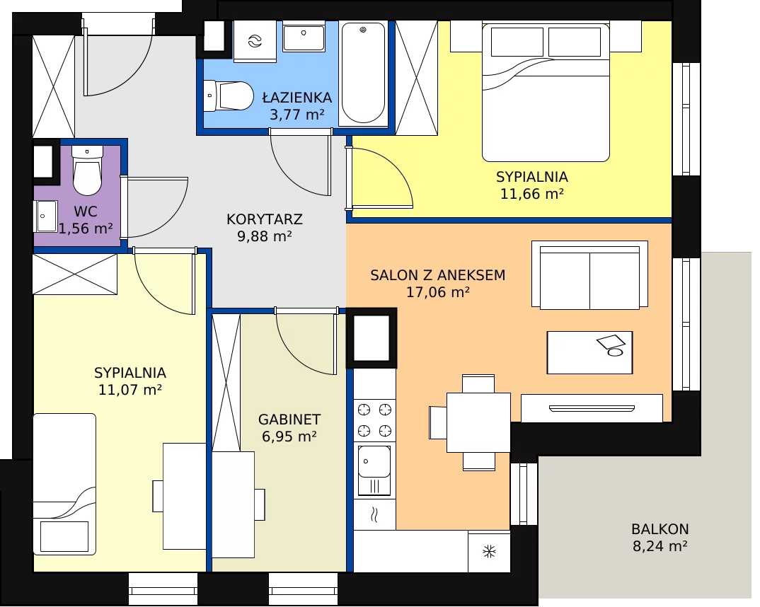Zalety mieszkania 61.95 m², B.01.M028