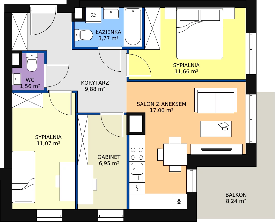 Zalety mieszkania 61.95 m², B.04.M046