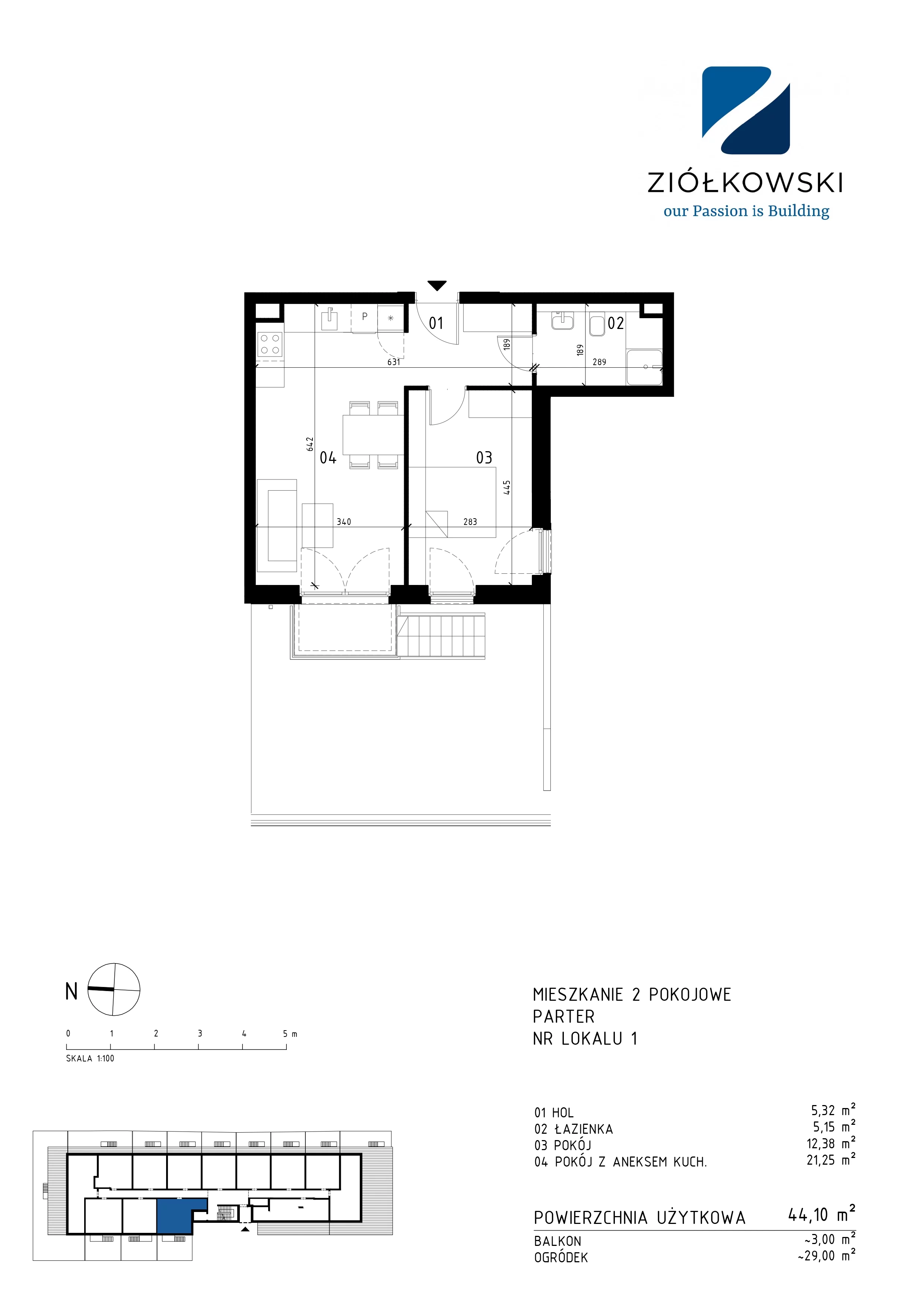 2 pokoje, mieszkanie 44,10 m², parter, oferta nr 01, Traugutta Wołomin, Wołomin, ul. Traugutta