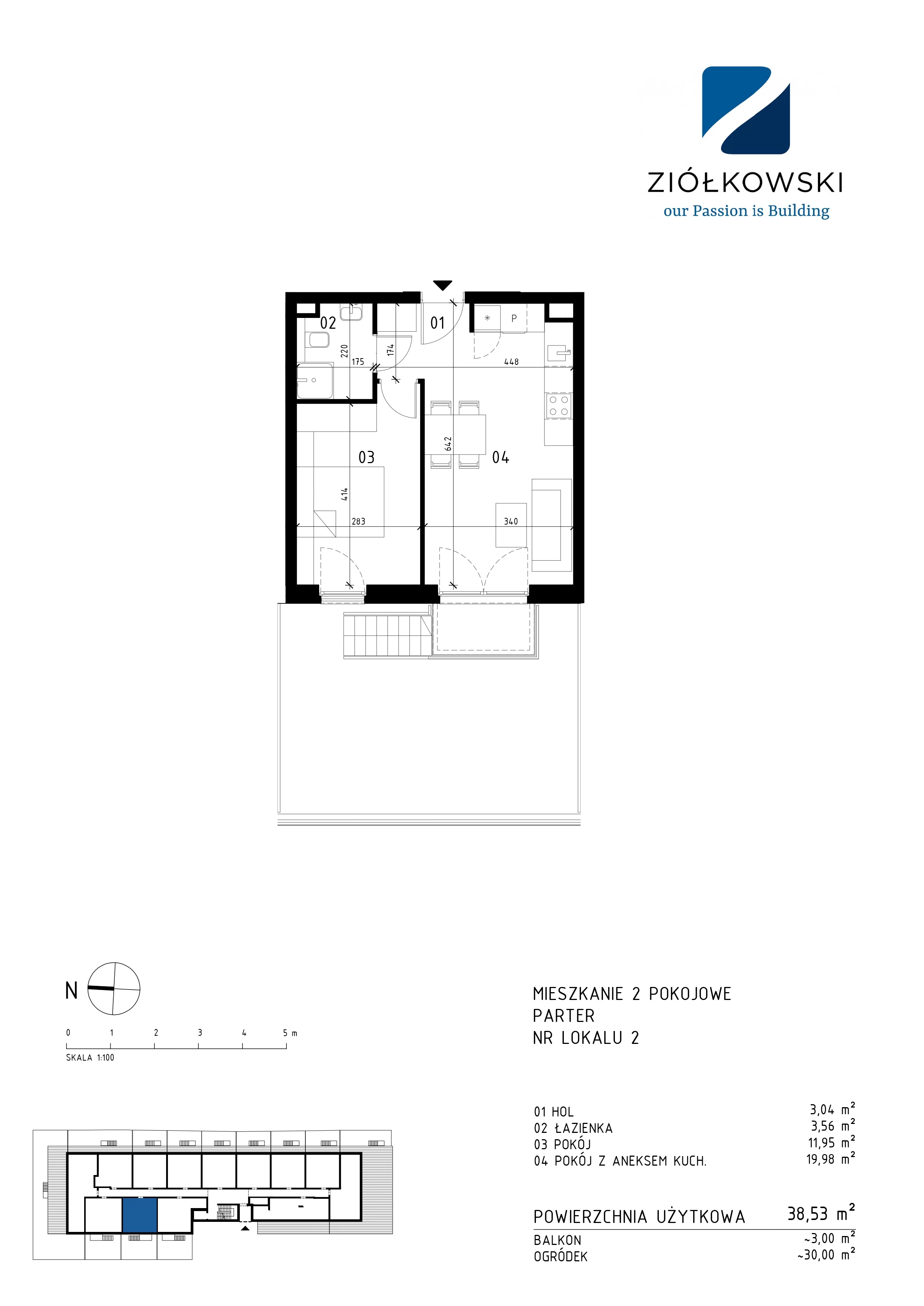 2 pokoje, mieszkanie 38,53 m², parter, oferta nr 02, Traugutta Wołomin, Wołomin, ul. Traugutta