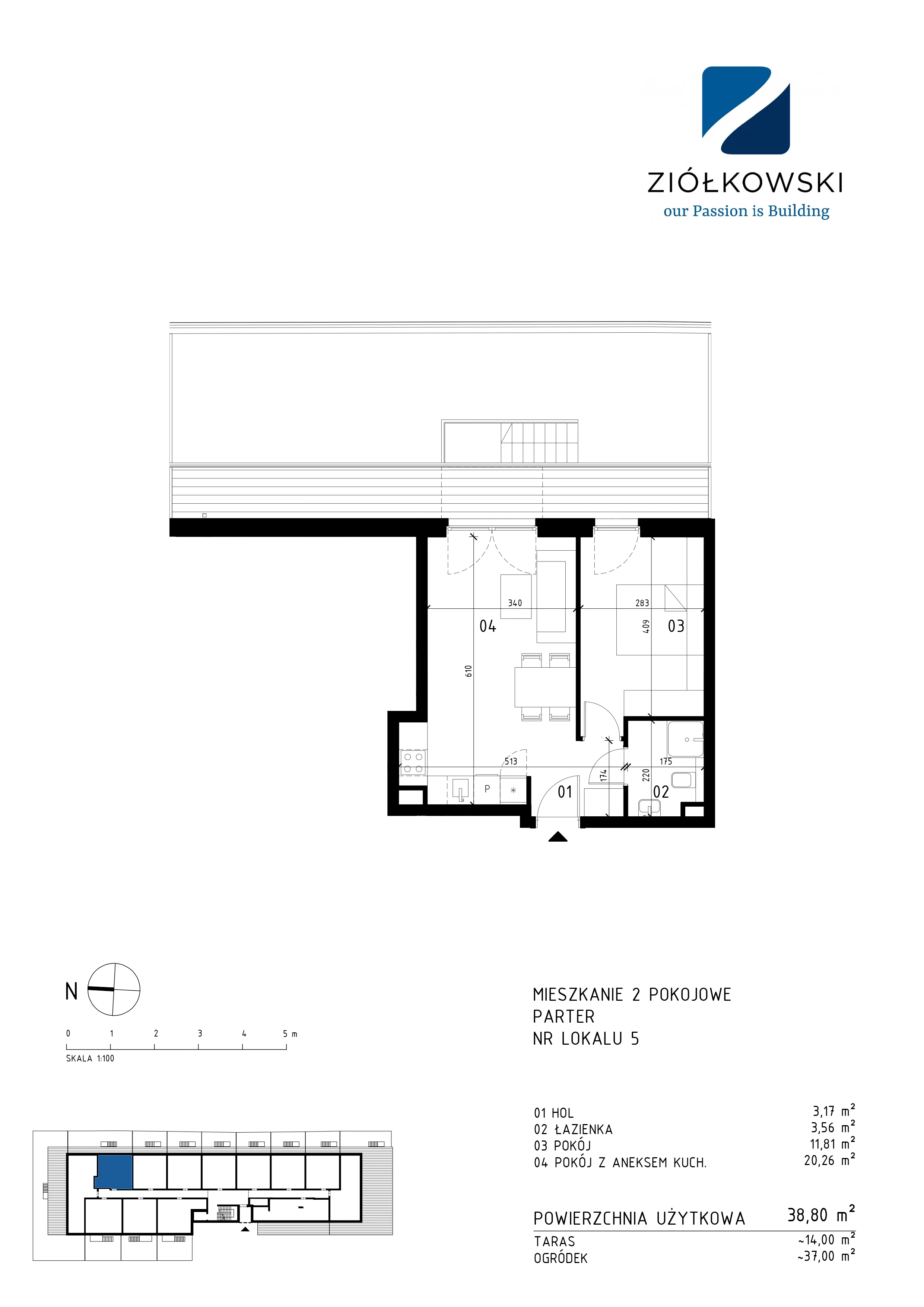 2 pokoje, mieszkanie 38,80 m², parter, oferta nr 05, Traugutta Wołomin, Wołomin, ul. Traugutta