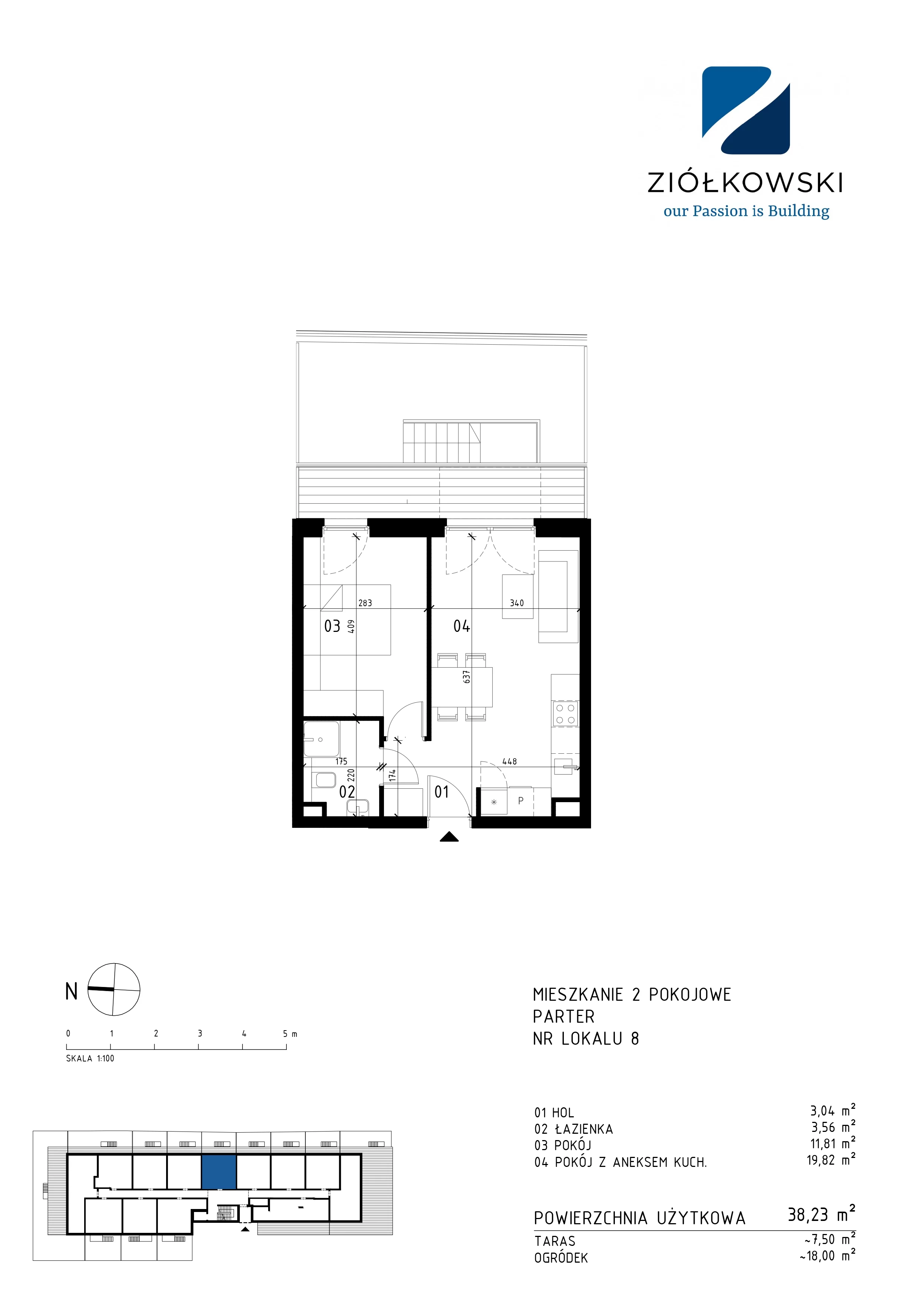 2 pokoje, mieszkanie 38,23 m², parter, oferta nr 08, Traugutta Wołomin, Wołomin, ul. Traugutta