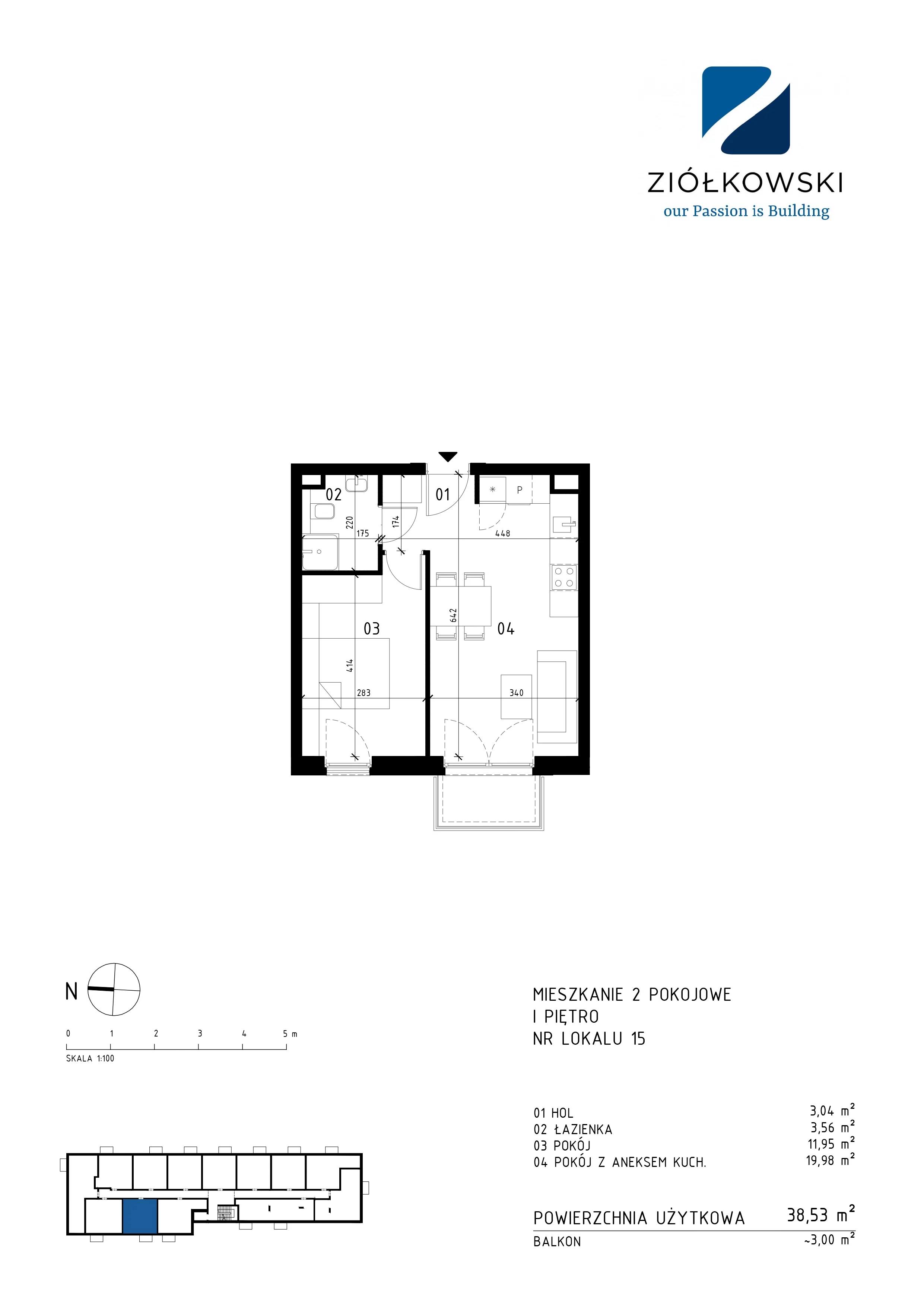 2 pokoje, mieszkanie 38,53 m², piętro 1, oferta nr 15, Traugutta Wołomin, Wołomin, ul. Traugutta