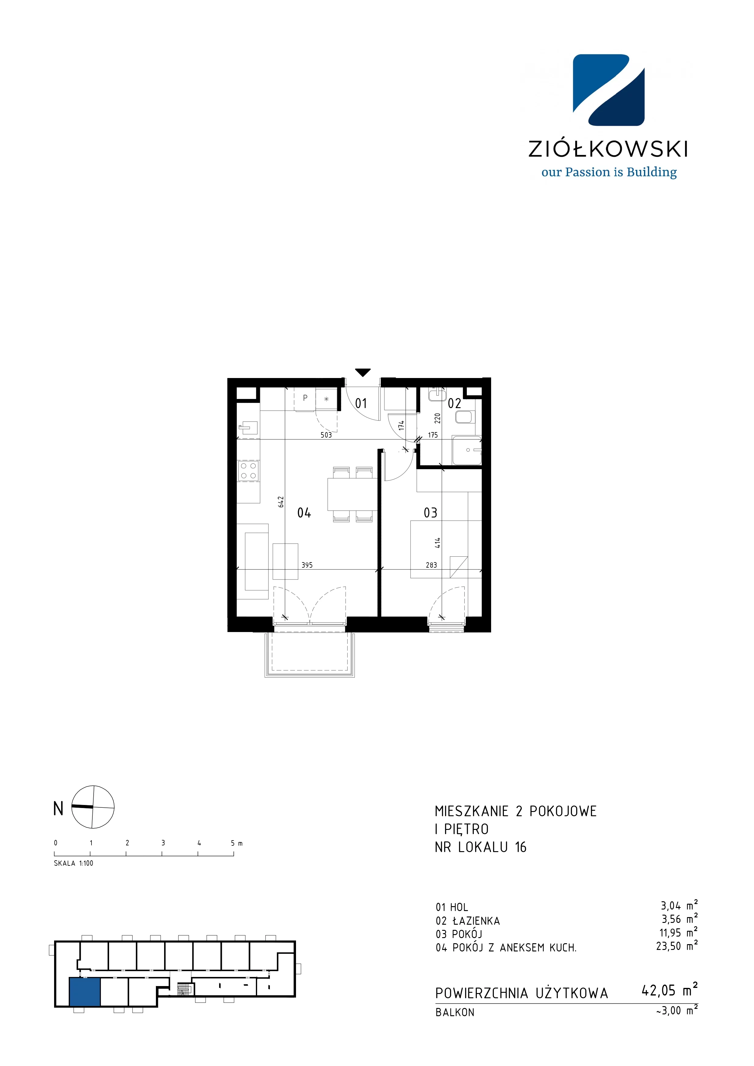 2 pokoje, mieszkanie 42,05 m², piętro 1, oferta nr 16, Traugutta Wołomin, Wołomin, ul. Traugutta