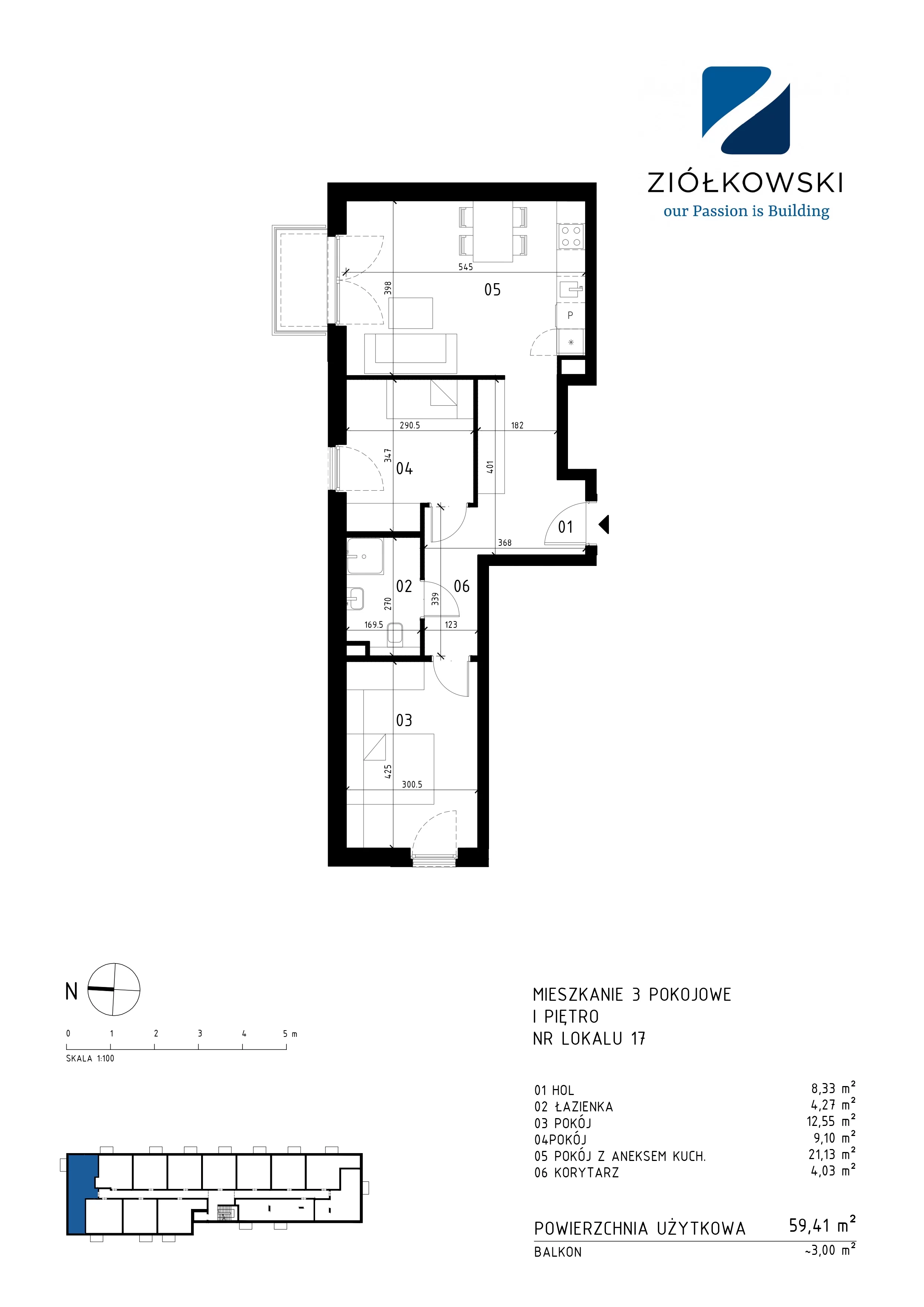 3 pokoje, mieszkanie 59,41 m², piętro 1, oferta nr 17, Traugutta Wołomin, Wołomin, ul. Traugutta