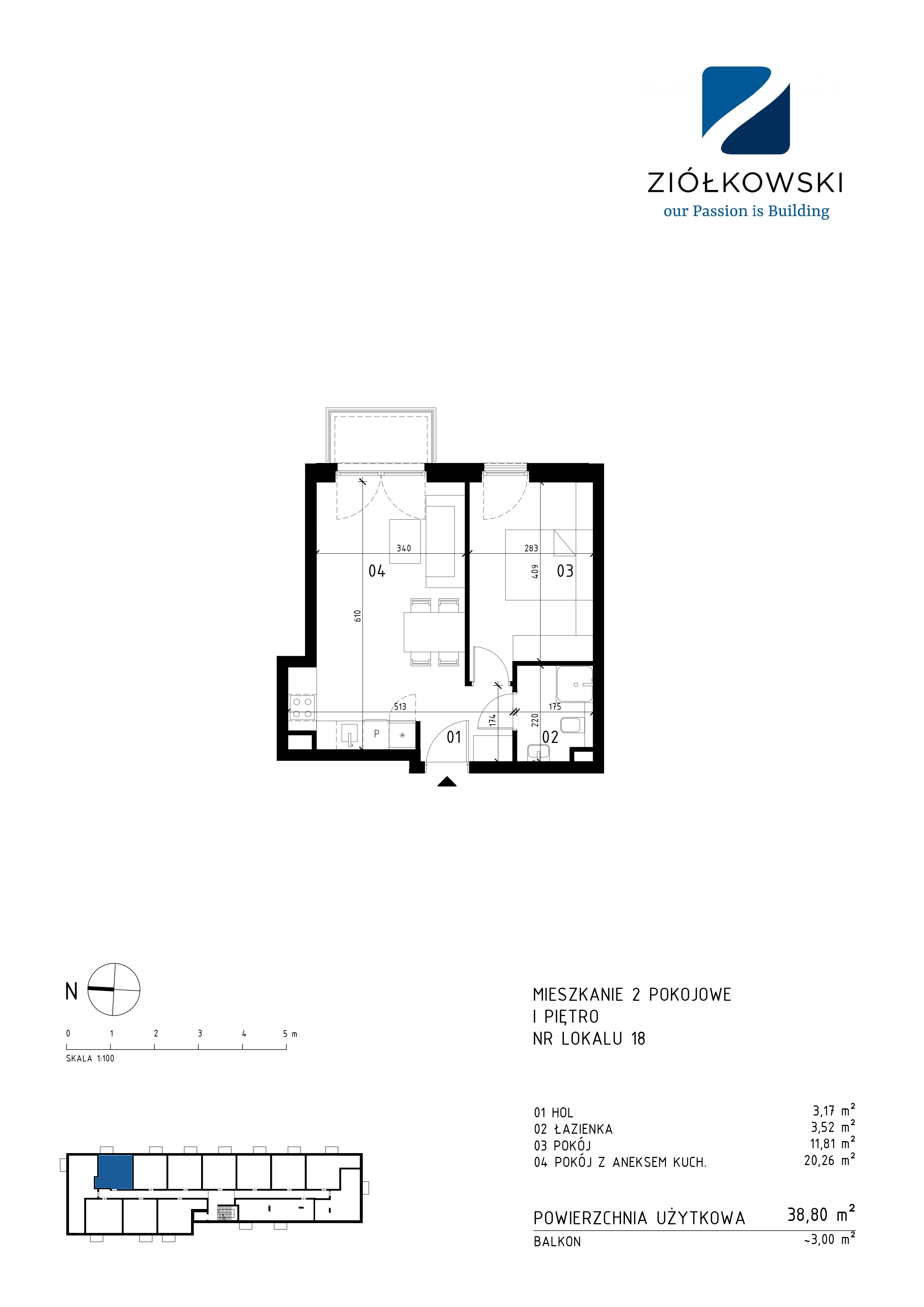 2 pokoje, mieszkanie 38,80 m², piętro 1, oferta nr 18, Traugutta Wołomin, Wołomin, ul. Traugutta