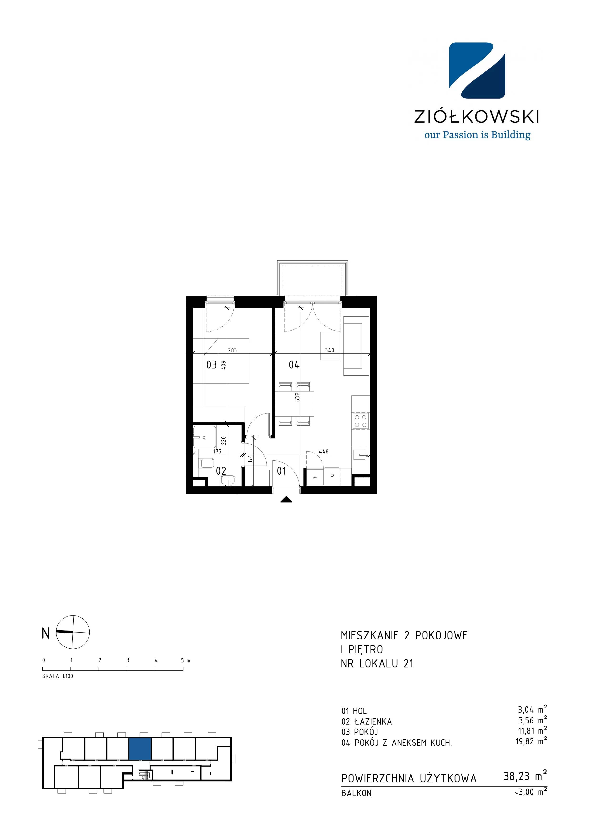 2 pokoje, mieszkanie 38,23 m², piętro 1, oferta nr 21, Traugutta Wołomin, Wołomin, ul. Traugutta