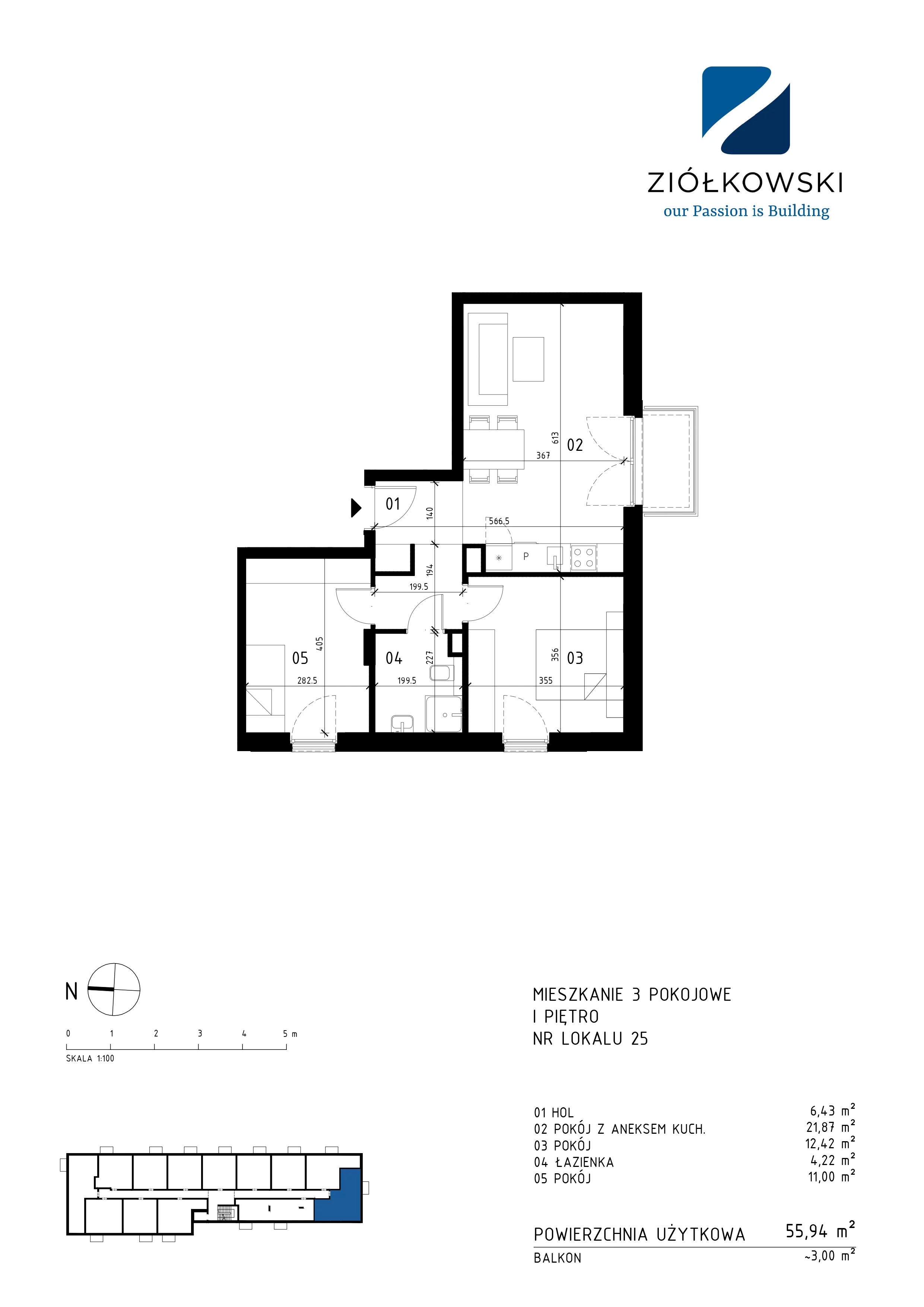 3 pokoje, mieszkanie 55,94 m², piętro 1, oferta nr 25, Traugutta Wołomin, Wołomin, ul. Traugutta