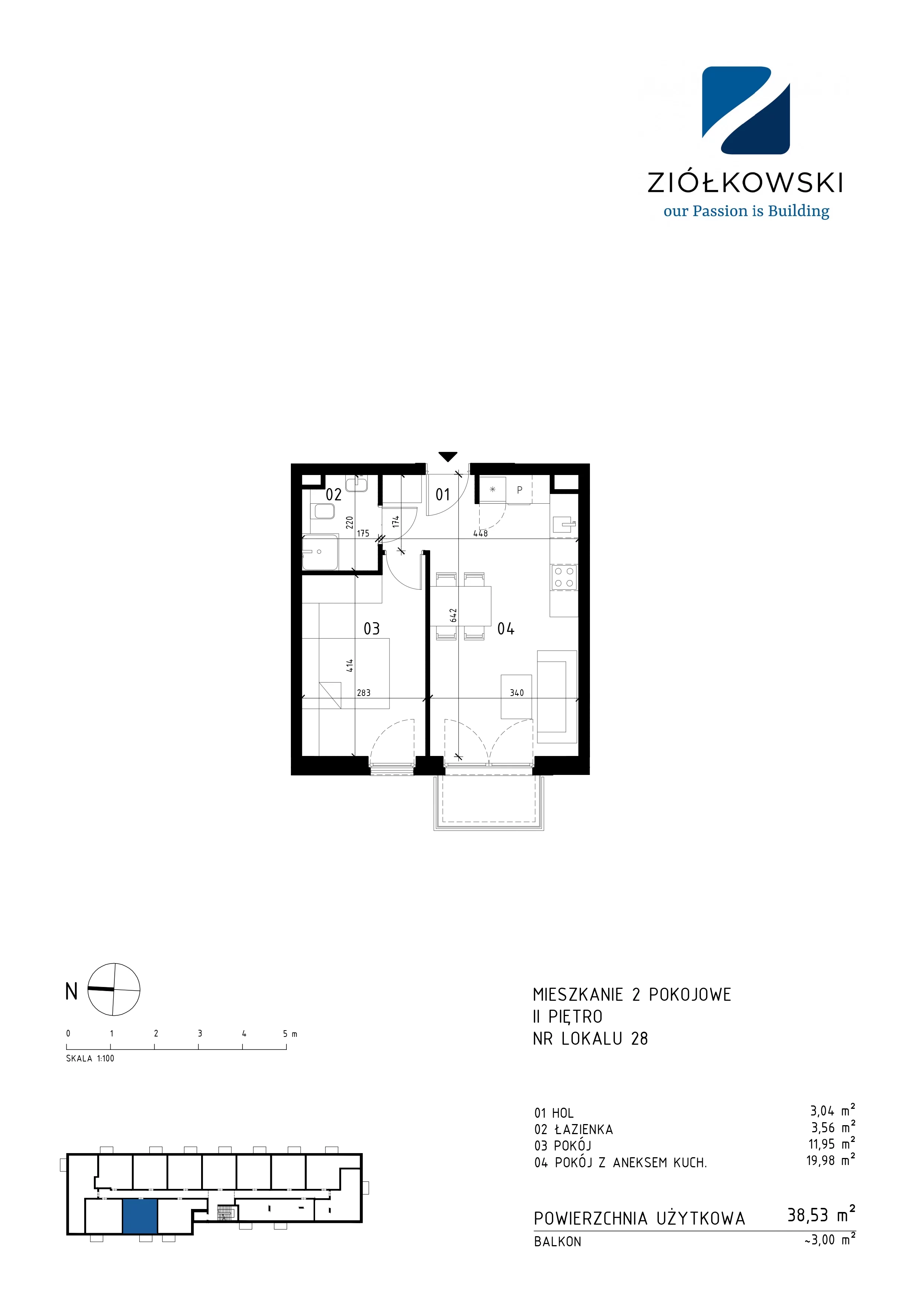 2 pokoje, mieszkanie 38,53 m², piętro 2, oferta nr 28, Traugutta Wołomin, Wołomin, ul. Traugutta