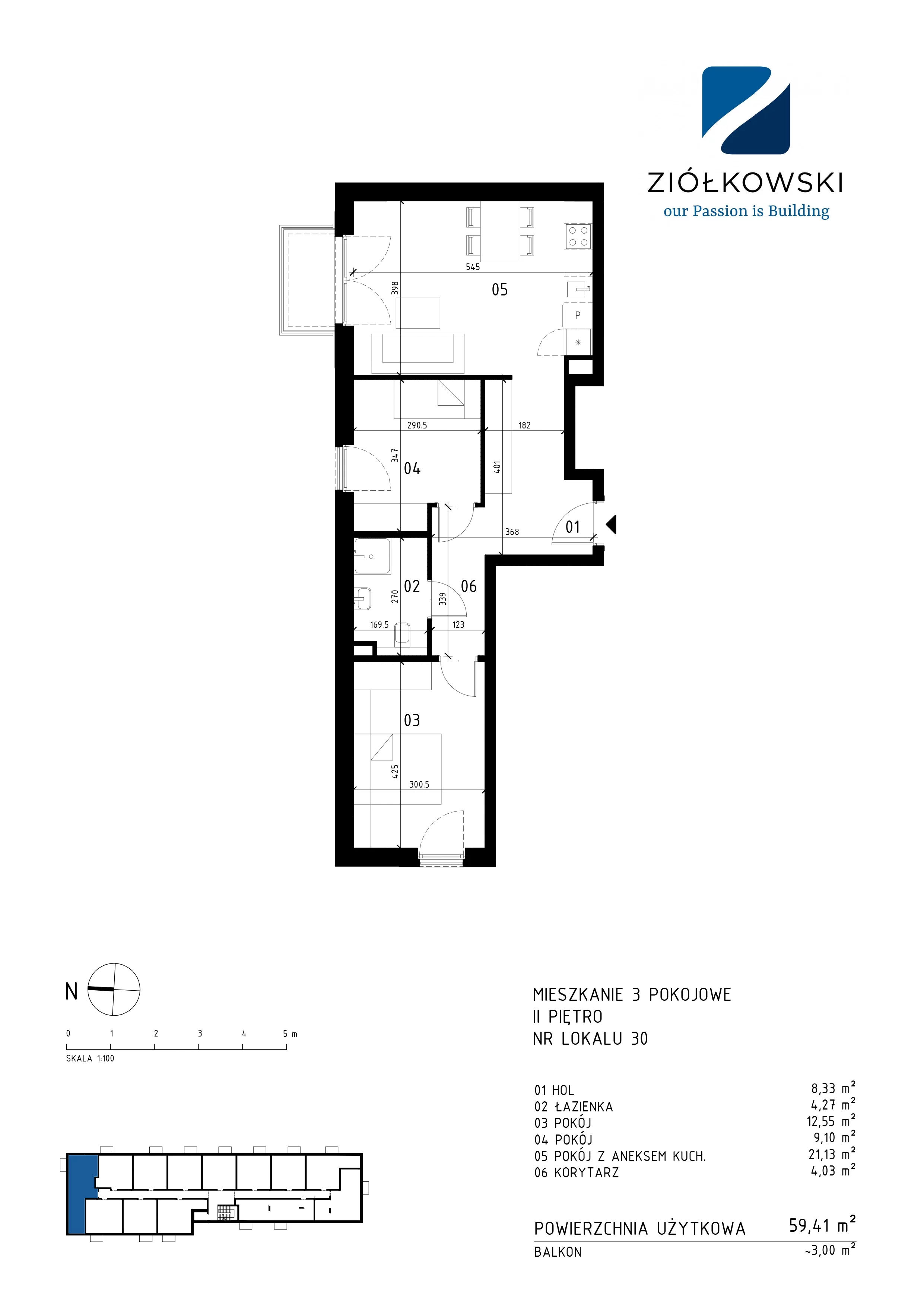 3 pokoje, mieszkanie 59,41 m², piętro 2, oferta nr 30, Traugutta Wołomin, Wołomin, ul. Traugutta