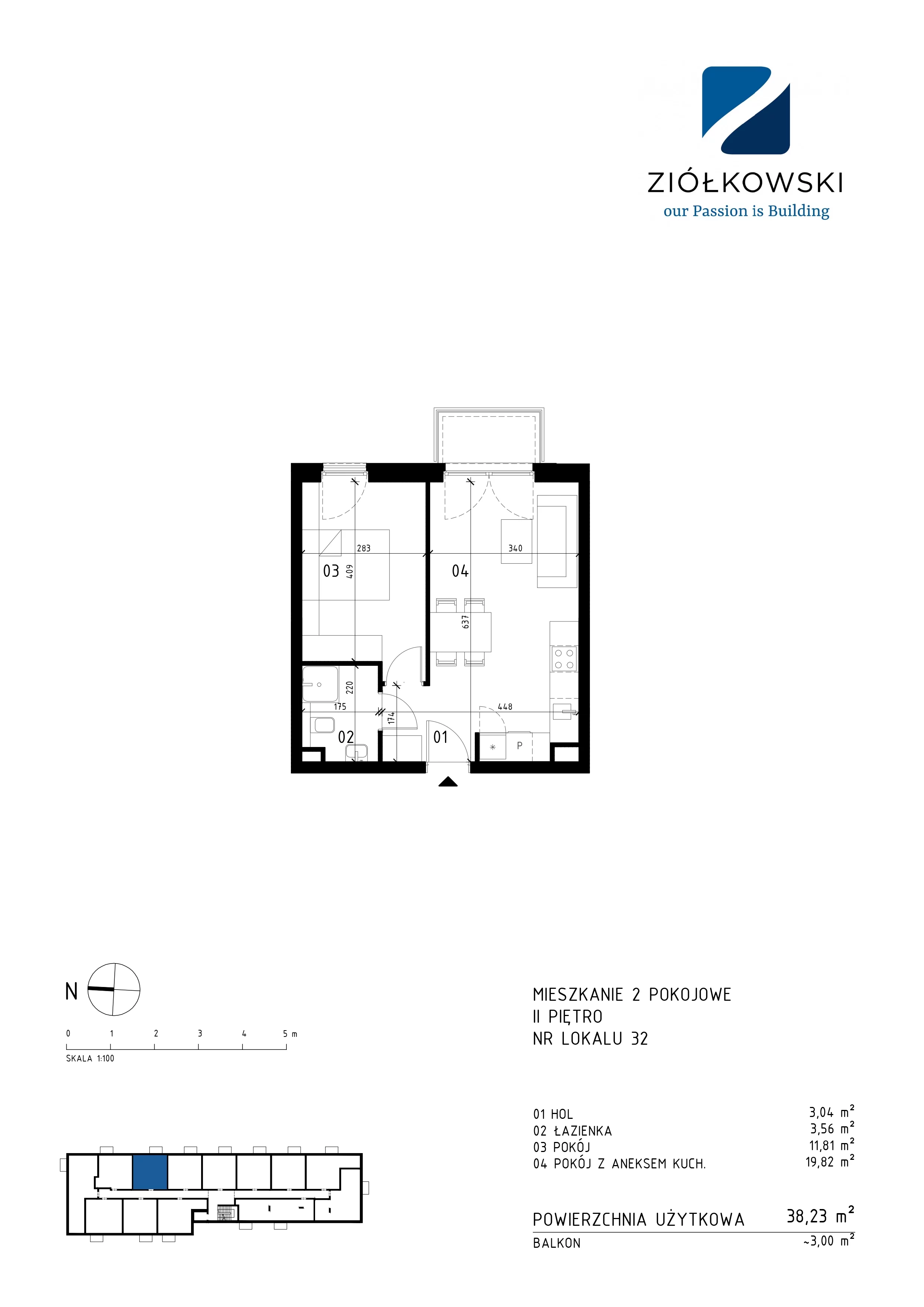 2 pokoje, mieszkanie 38,23 m², piętro 2, oferta nr 32, Traugutta Wołomin, Wołomin, ul. Traugutta