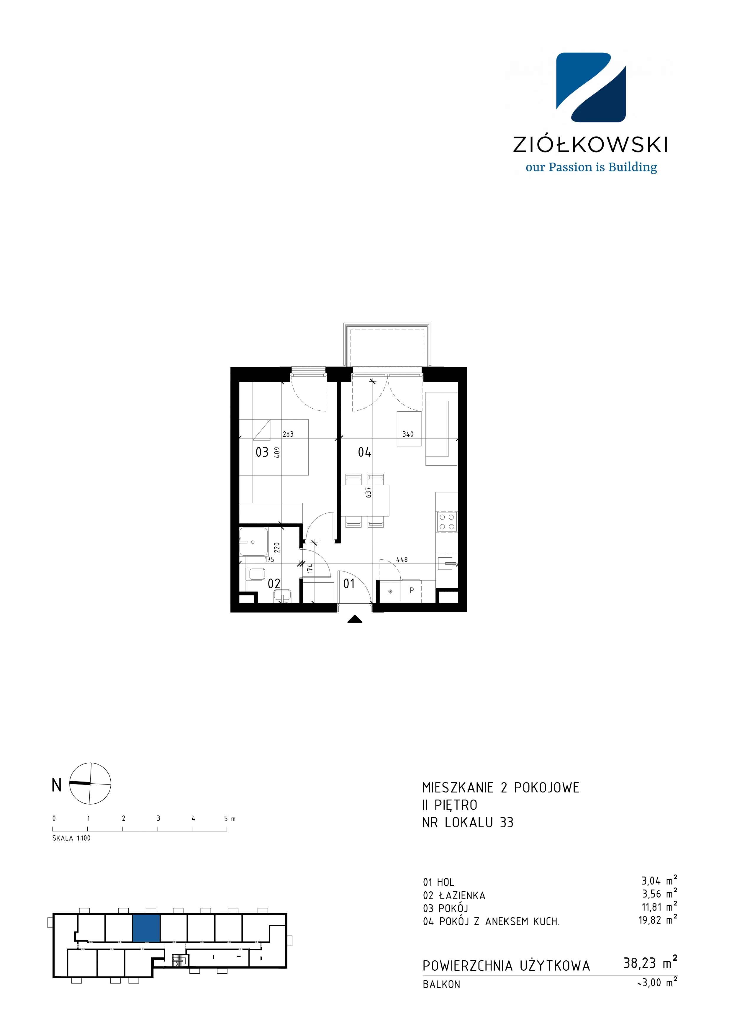 2 pokoje, mieszkanie 38,23 m², piętro 2, oferta nr 33, Traugutta Wołomin, Wołomin, ul. Traugutta