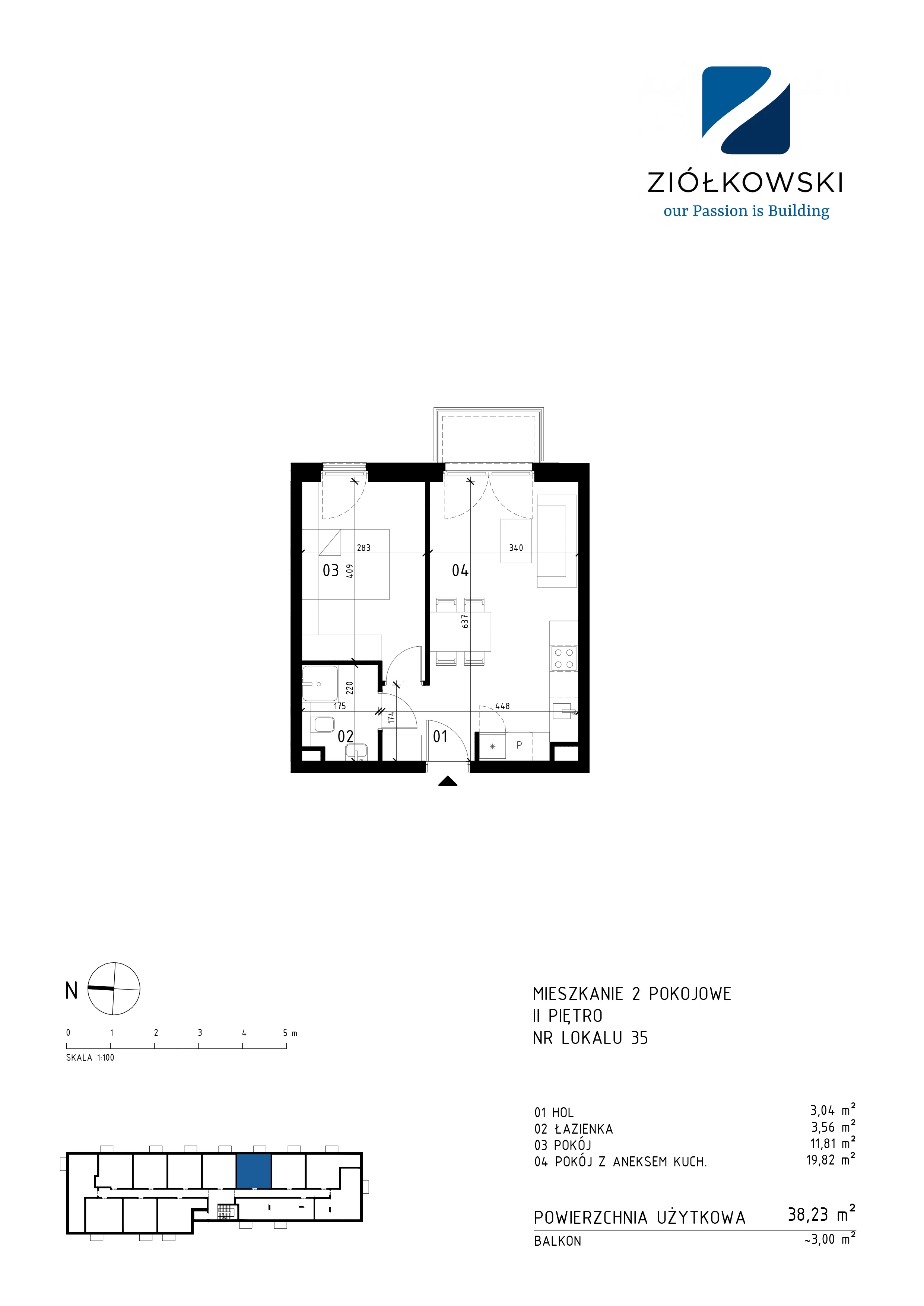 2 pokoje, mieszkanie 38,23 m², piętro 2, oferta nr 35, Traugutta Wołomin, Wołomin, ul. Traugutta