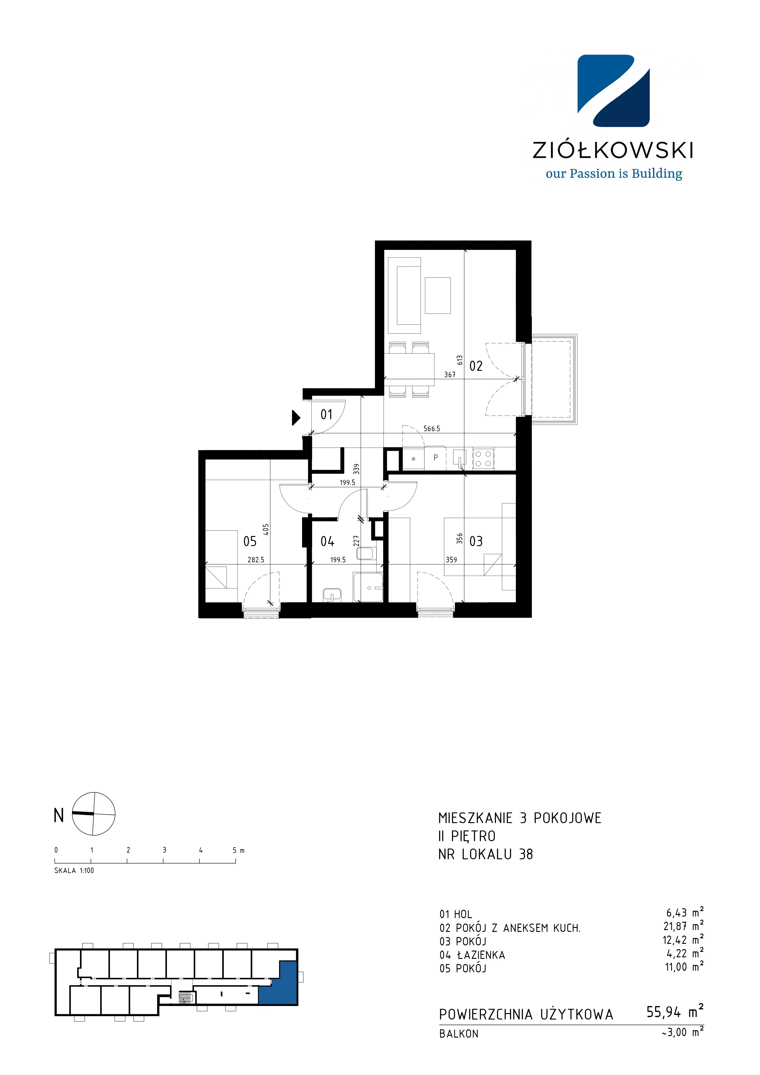 3 pokoje, mieszkanie 55,94 m², piętro 2, oferta nr 38, Traugutta Wołomin, Wołomin, ul. Traugutta