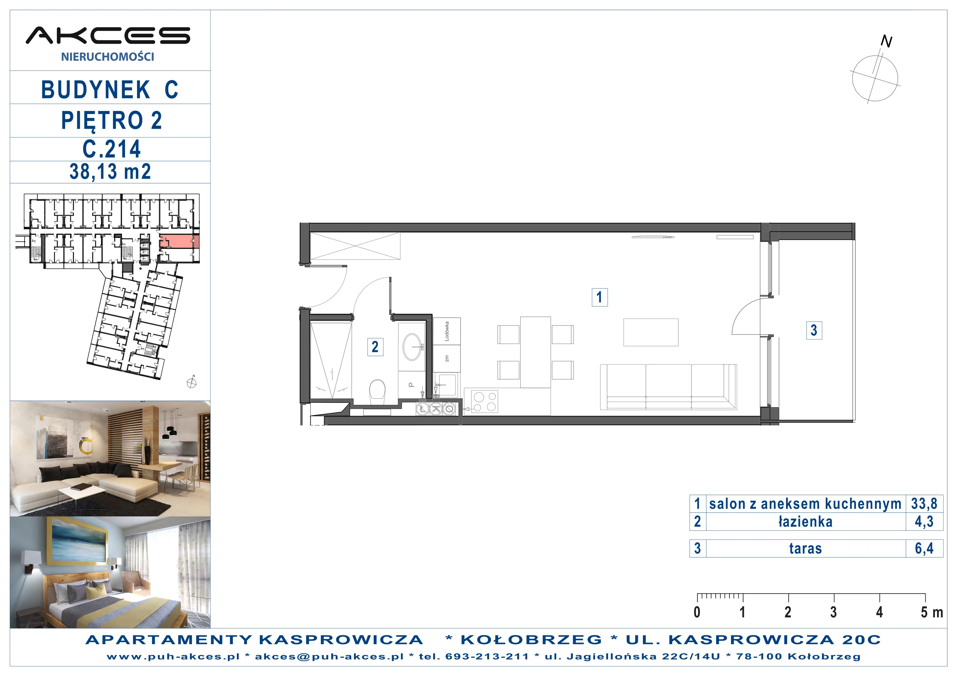 Apartament 38,13 m², piętro 2, oferta nr 214.C, Apartamenty Kasprowicza - 400 m od morza, Kołobrzeg, Osiedle Nr 7 Ogrody, ul. Kasprowicza 20C