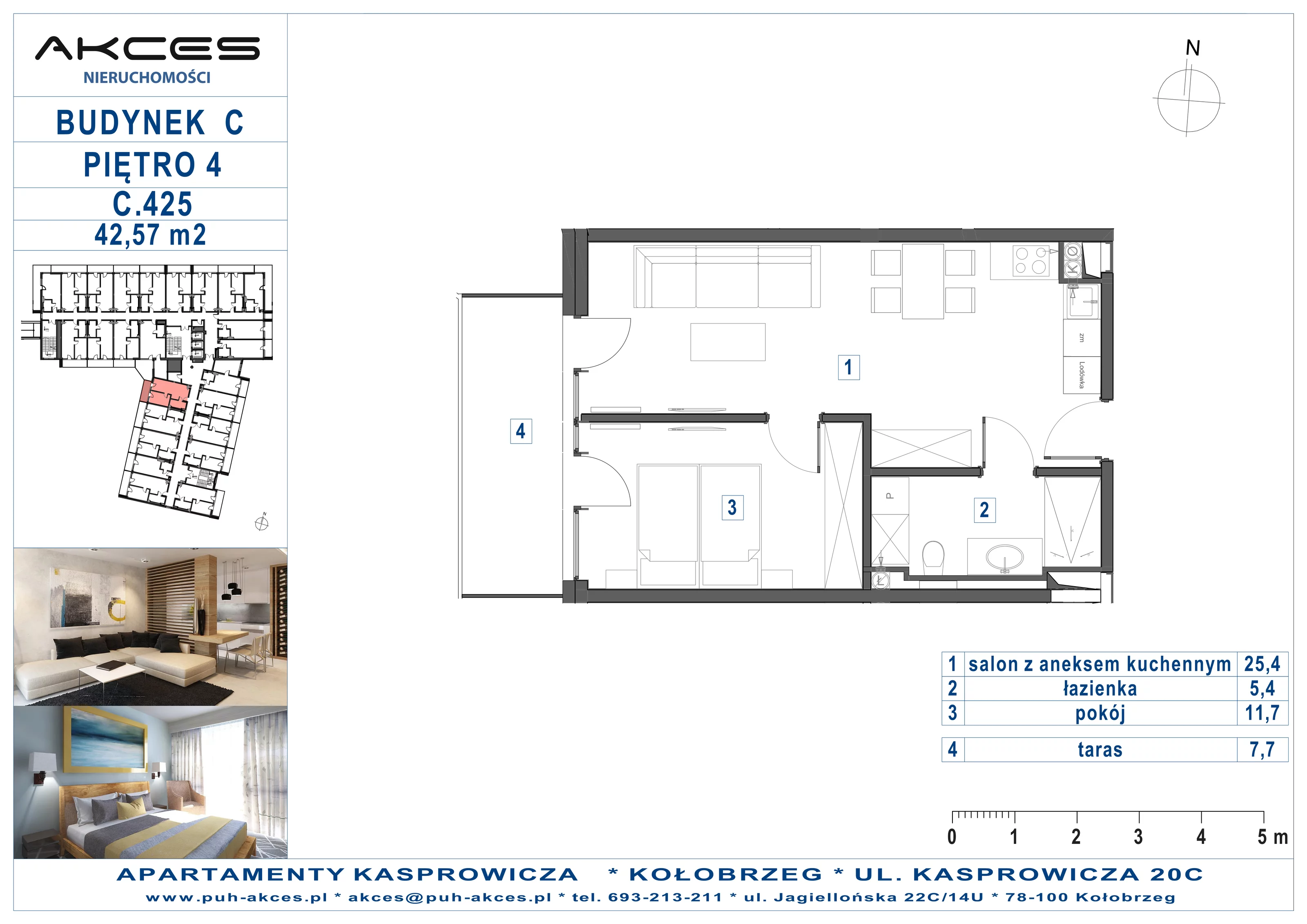 Apartament 42,57 m², piętro 4, oferta nr 425.C, Apartamenty Kasprowicza - 400 m od morza, Kołobrzeg, Osiedle Nr 7 Ogrody, ul. Kasprowicza 20C