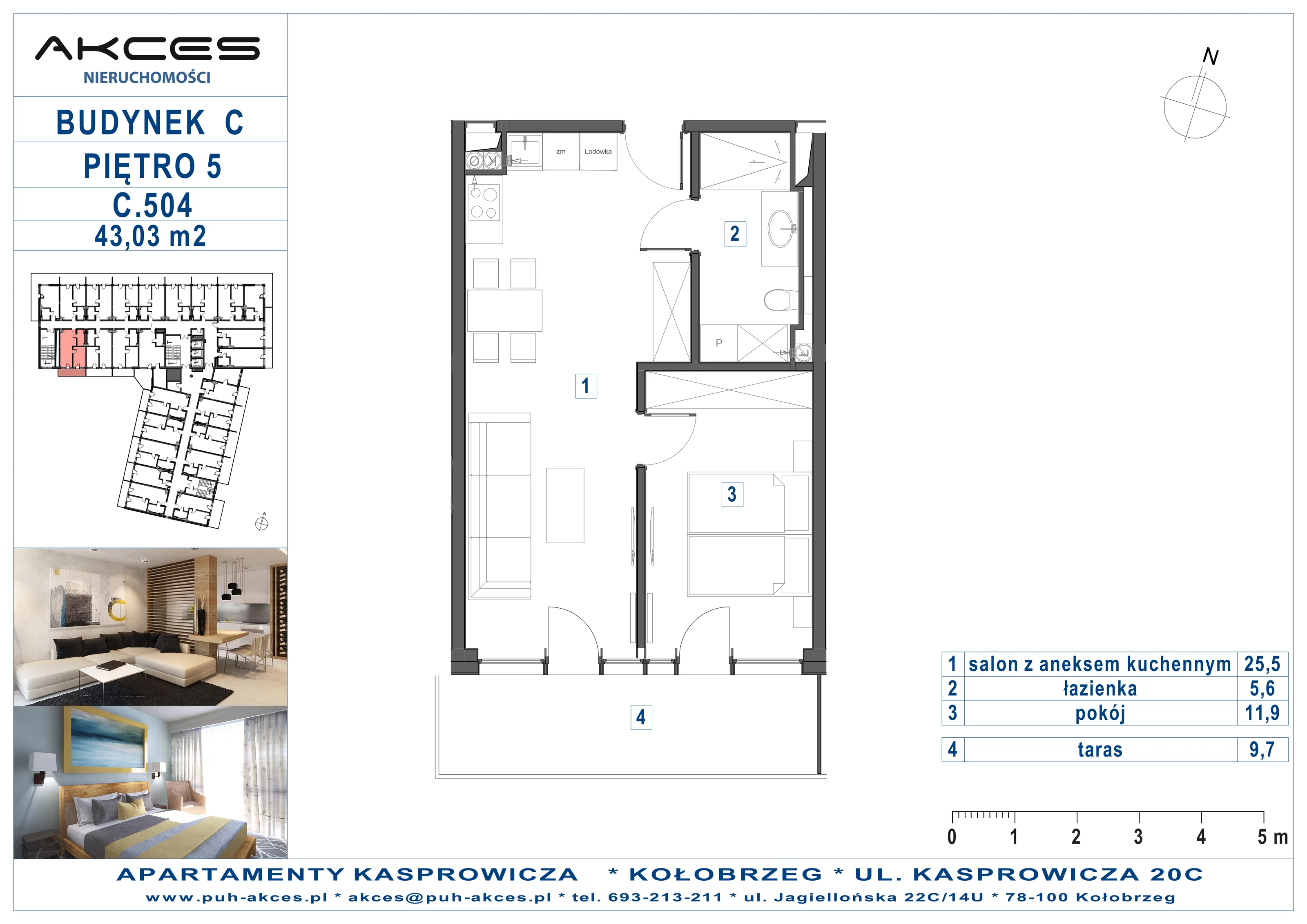 Apartament 43,03 m², piętro 5, oferta nr 504.C, Apartamenty Kasprowicza - 400 m od morza, Kołobrzeg, Osiedle Nr 7 Ogrody, ul. Kasprowicza 20C