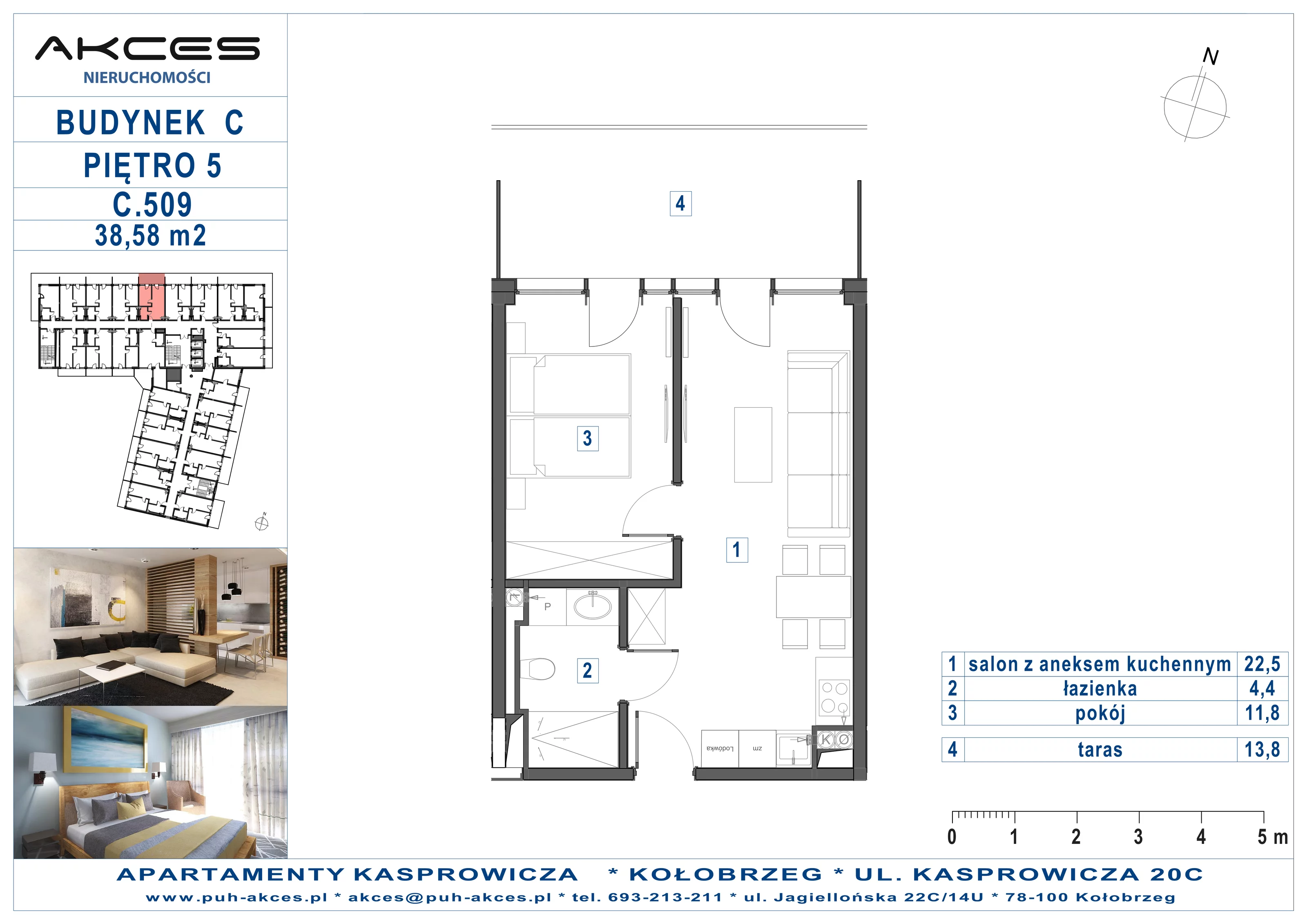 Apartament 38,58 m², piętro 5, oferta nr 509.C, Apartamenty Kasprowicza - 400 m od morza, Kołobrzeg, Osiedle Nr 7 Ogrody, ul. Kasprowicza 20C