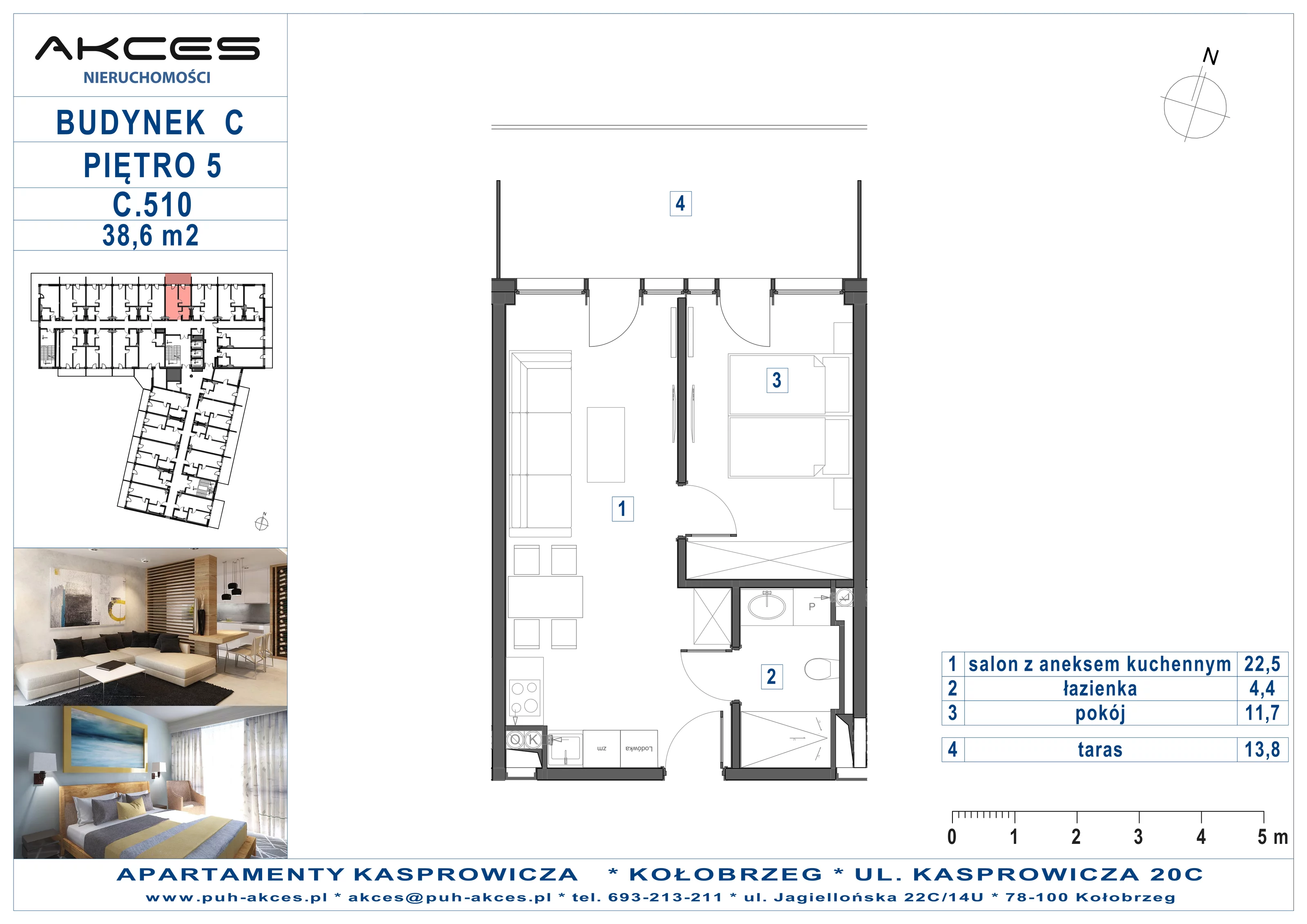 Apartament 38,60 m², piętro 5, oferta nr 510.C, Apartamenty Kasprowicza - 400 m od morza, Kołobrzeg, Osiedle Nr 7 Ogrody, ul. Kasprowicza 20C