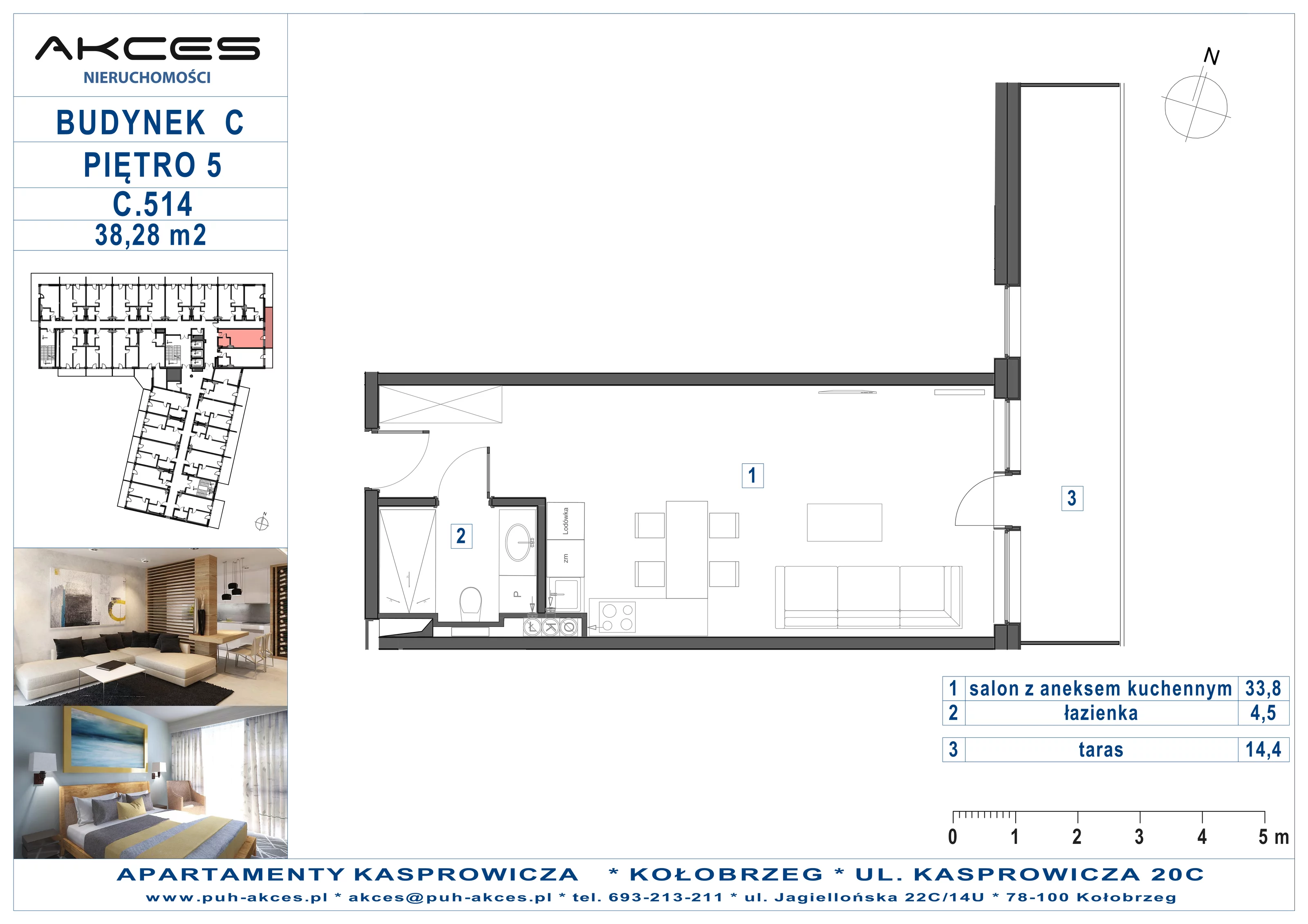 Apartament 38,28 m², piętro 5, oferta nr 514.C, Apartamenty Kasprowicza - 400 m od morza, Kołobrzeg, Osiedle Nr 7 Ogrody, ul. Kasprowicza 20C