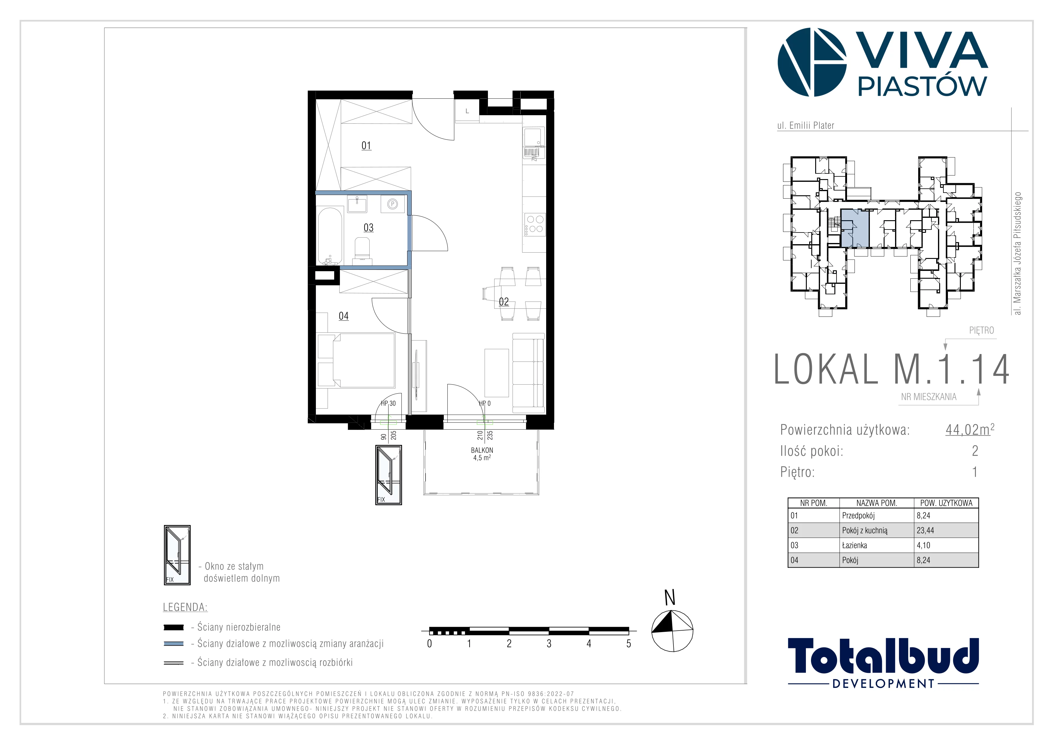 2 pokoje, mieszkanie 44,02 m², piętro 1, oferta nr M.1.14, Viva Piastów, Piastów, ul. Emilii Plater 13