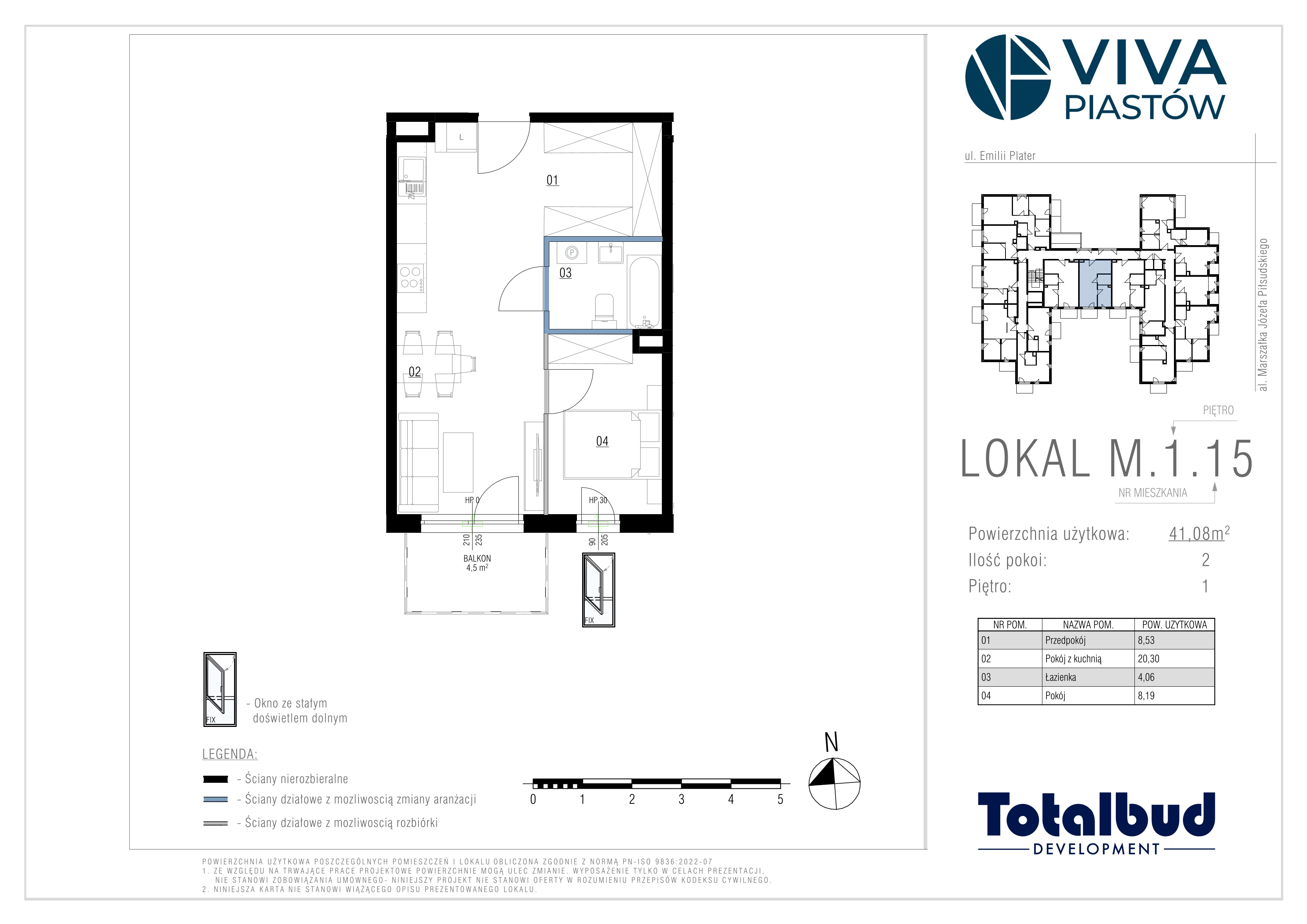 2 pokoje, mieszkanie 41,08 m², piętro 1, oferta nr M.1.15, Viva Piastów, Piastów, ul. Emilii Plater 13