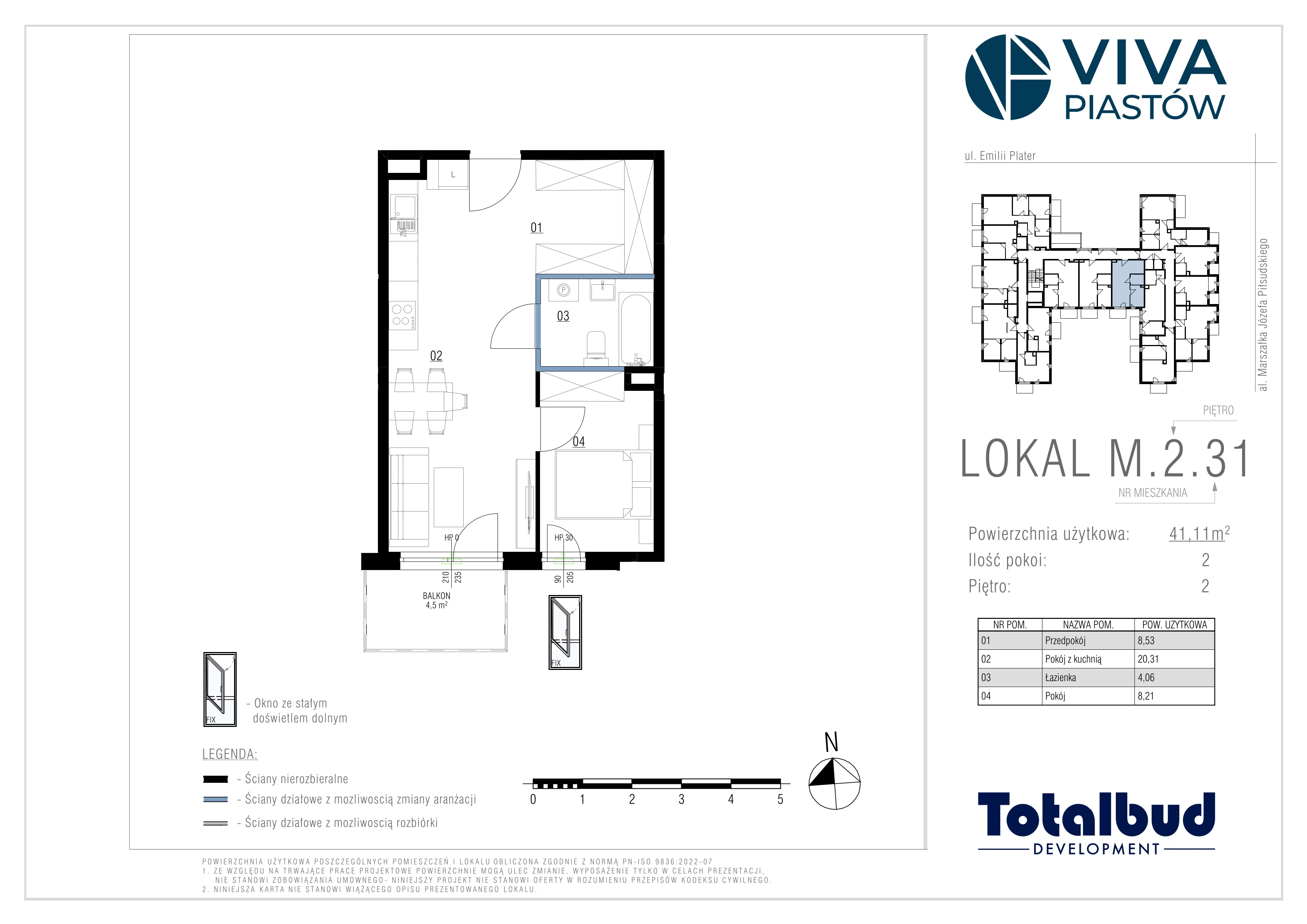 2 pokoje, mieszkanie 41,11 m², piętro 2, oferta nr M.2.31, Viva Piastów, Piastów, ul. Emilii Plater 13