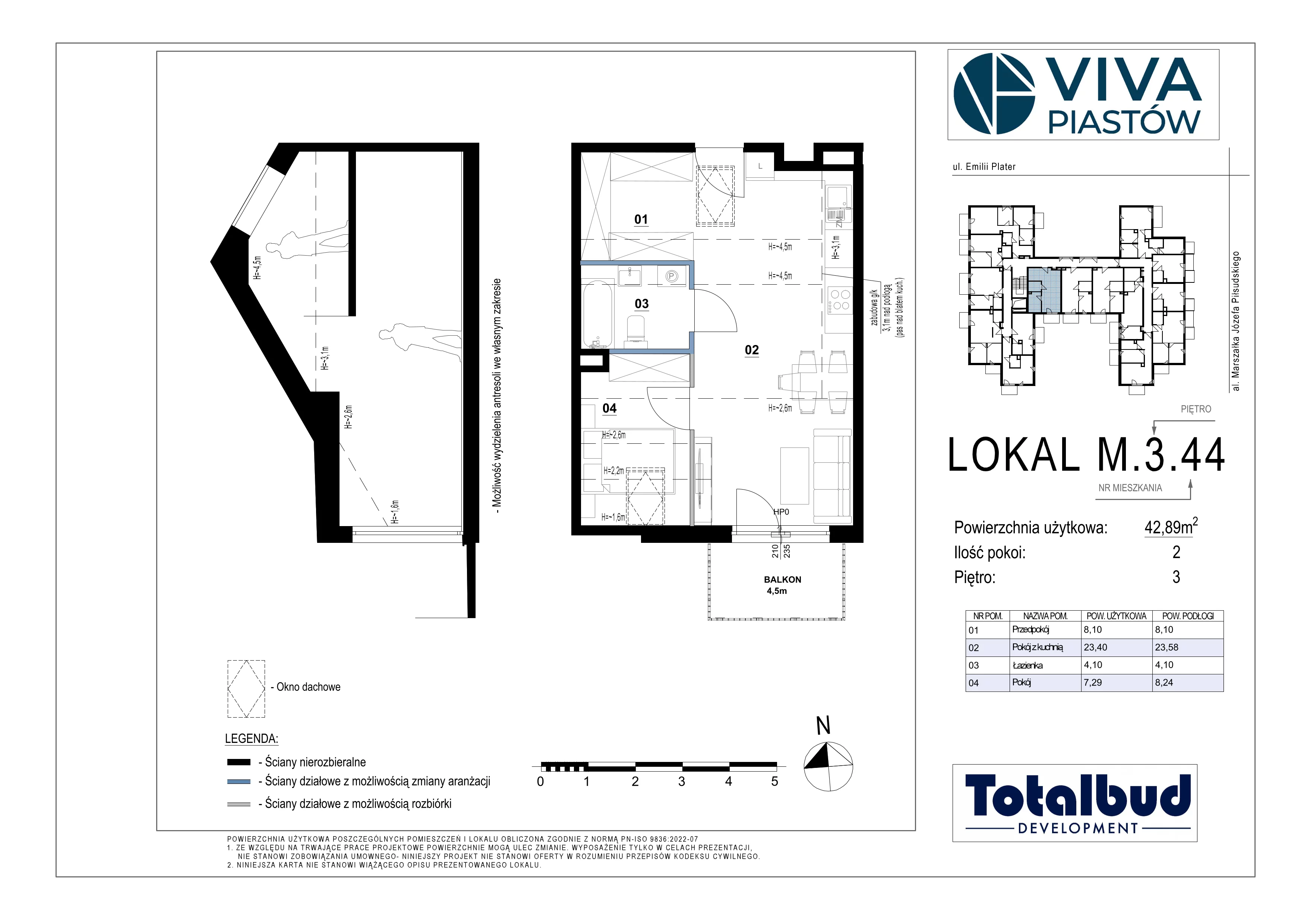 2 pokoje, mieszkanie 42,89 m², piętro 3, oferta nr M.3.44, Viva Piastów, Piastów, ul. Emilii Plater 13