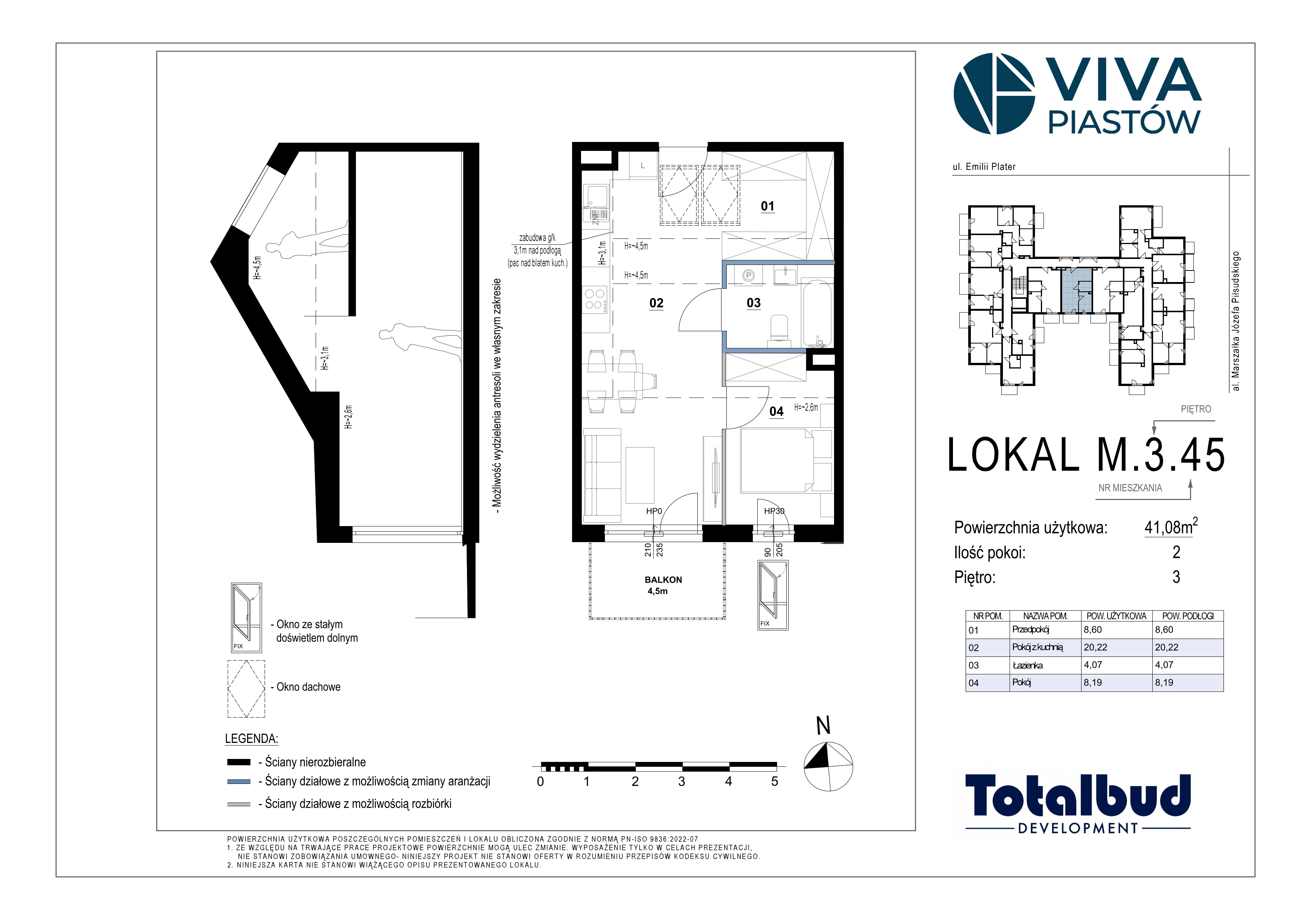 2 pokoje, mieszkanie 41,08 m², piętro 3, oferta nr M.3.45, Viva Piastów, Piastów, ul. Emilii Plater 13
