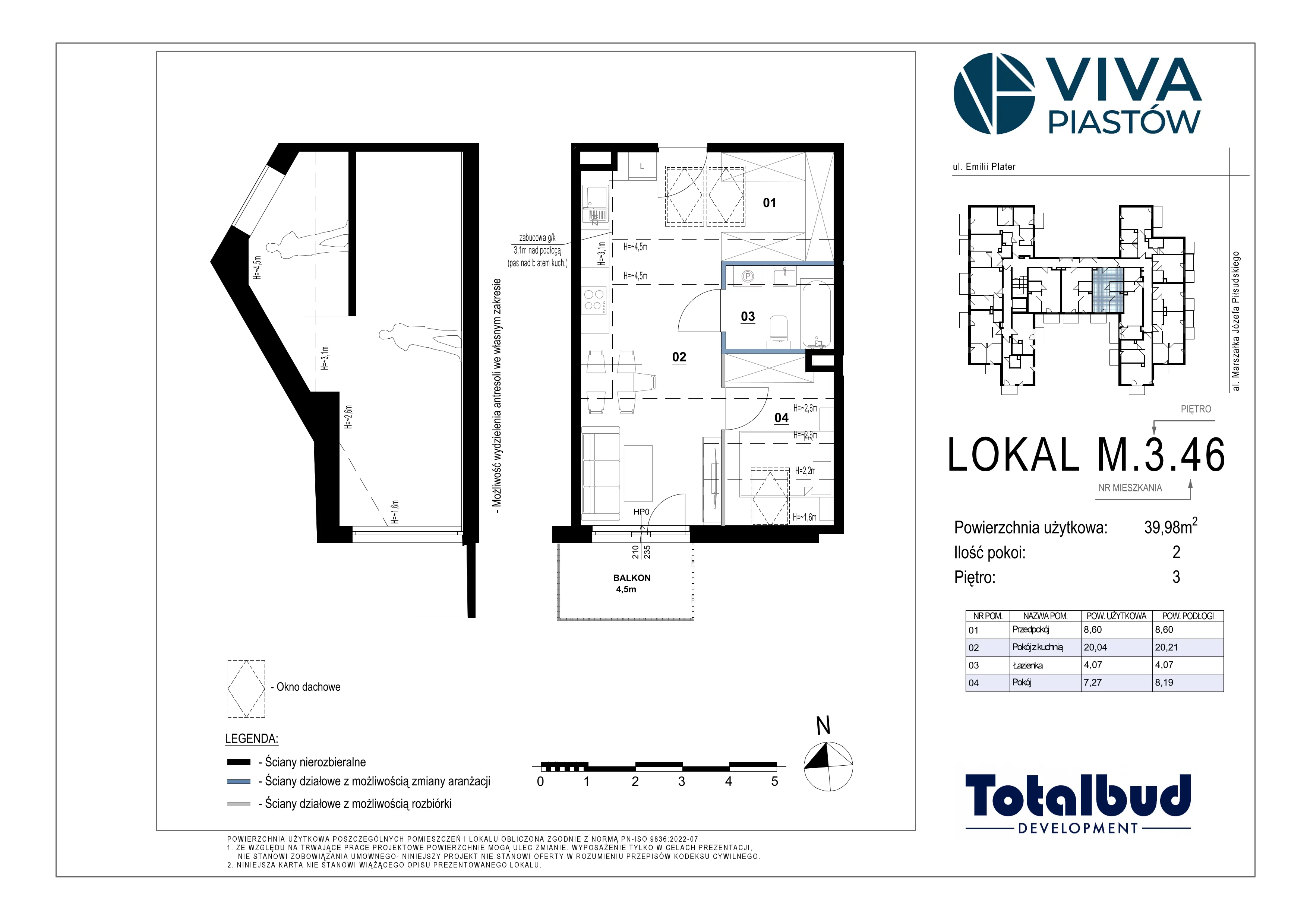 2 pokoje, mieszkanie 39,98 m², piętro 3, oferta nr M.3.46, Viva Piastów, Piastów, ul. Emilii Plater 13