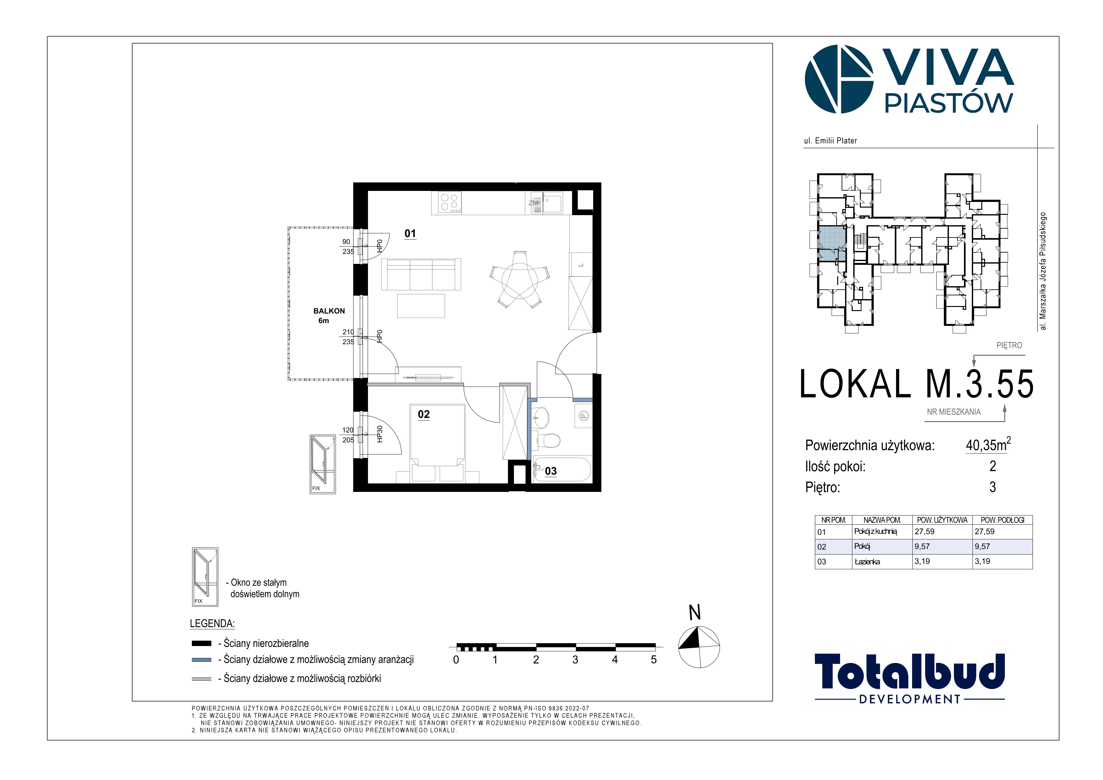 2 pokoje, mieszkanie 40,35 m², piętro 3, oferta nr M.3.55, Viva Piastów, Piastów, ul. Emilii Plater 13