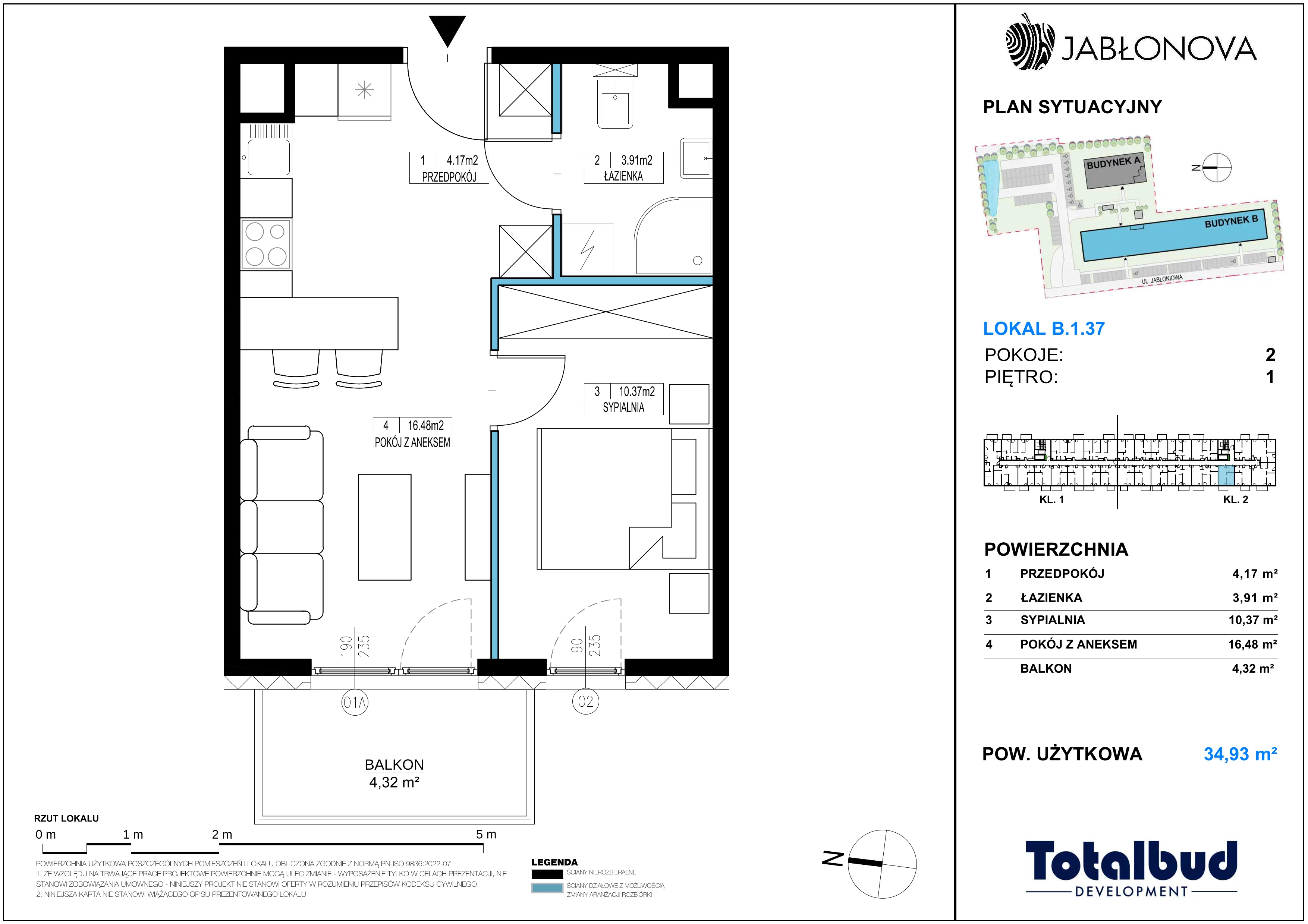 2 pokoje, mieszkanie 34,93 m², piętro 1, oferta nr B.1.37, Jabłonova Bud. B, Piaseczno, ul. Jabłoniowa