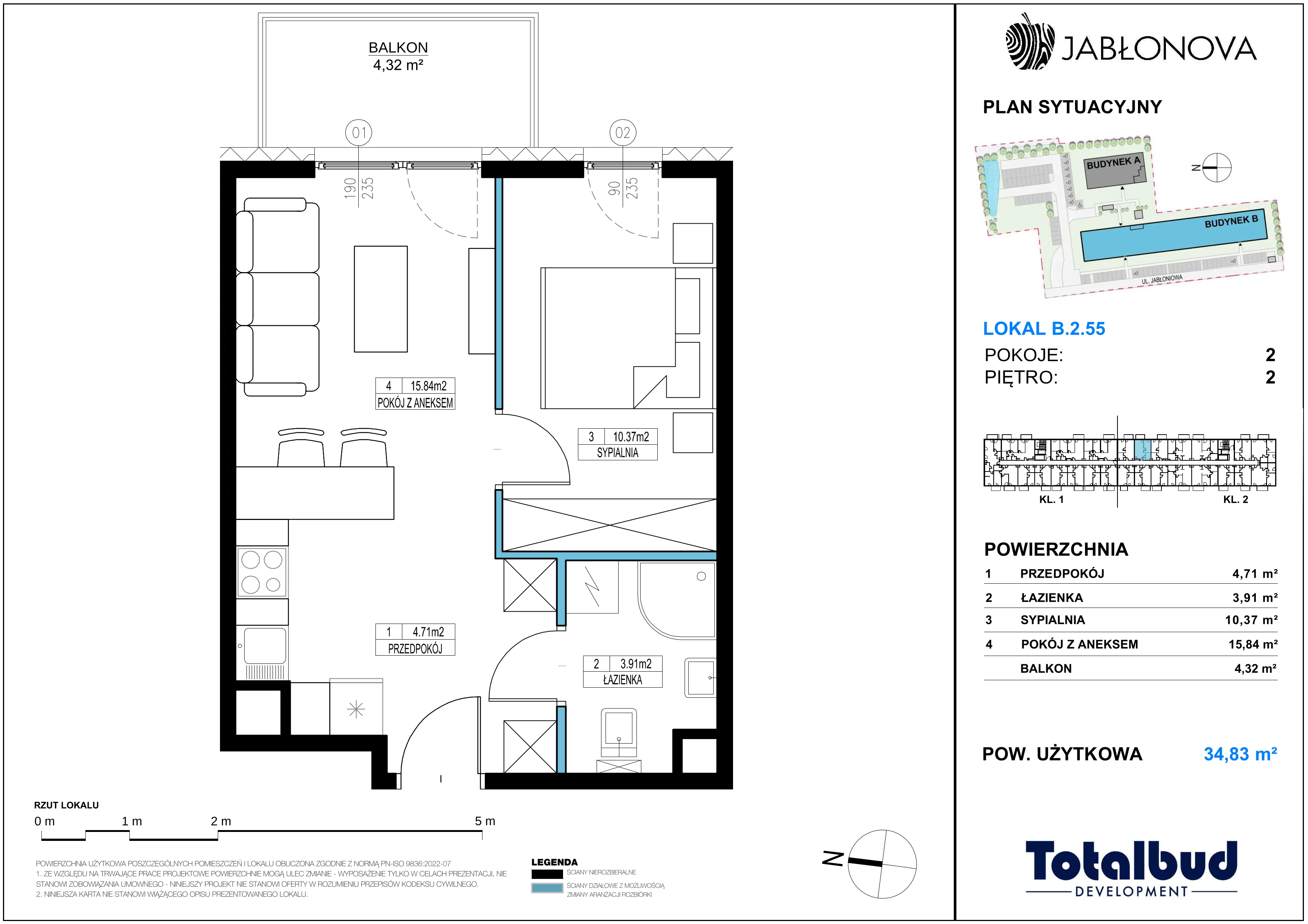 2 pokoje, mieszkanie 34,83 m², piętro 2, oferta nr B.2.55, Jabłonova Bud. B, Piaseczno, ul. Jabłoniowa