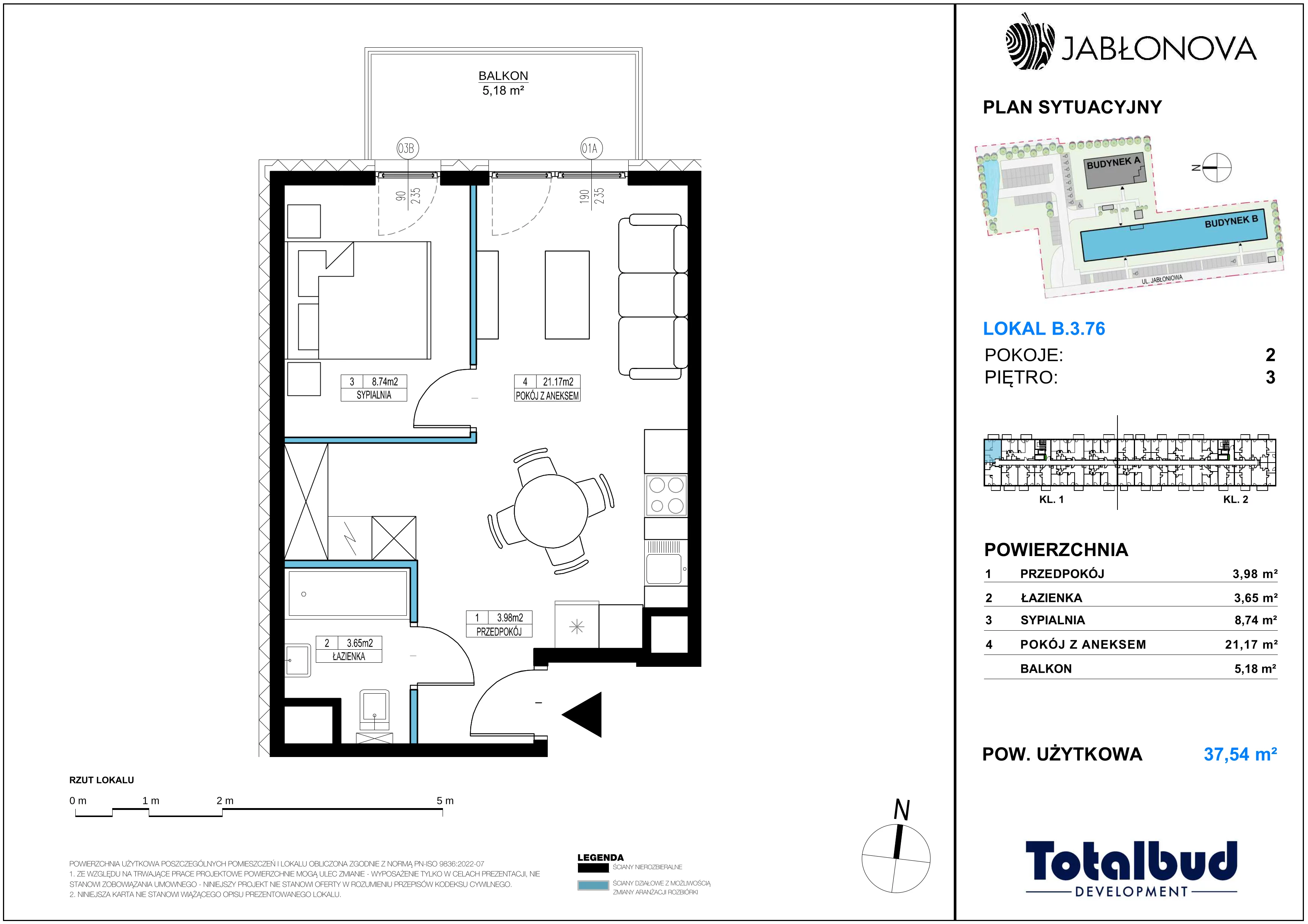 2 pokoje, mieszkanie 37,54 m², piętro 3, oferta nr B.3.76, Jabłonova Bud. B, Piaseczno, ul. Jabłoniowa