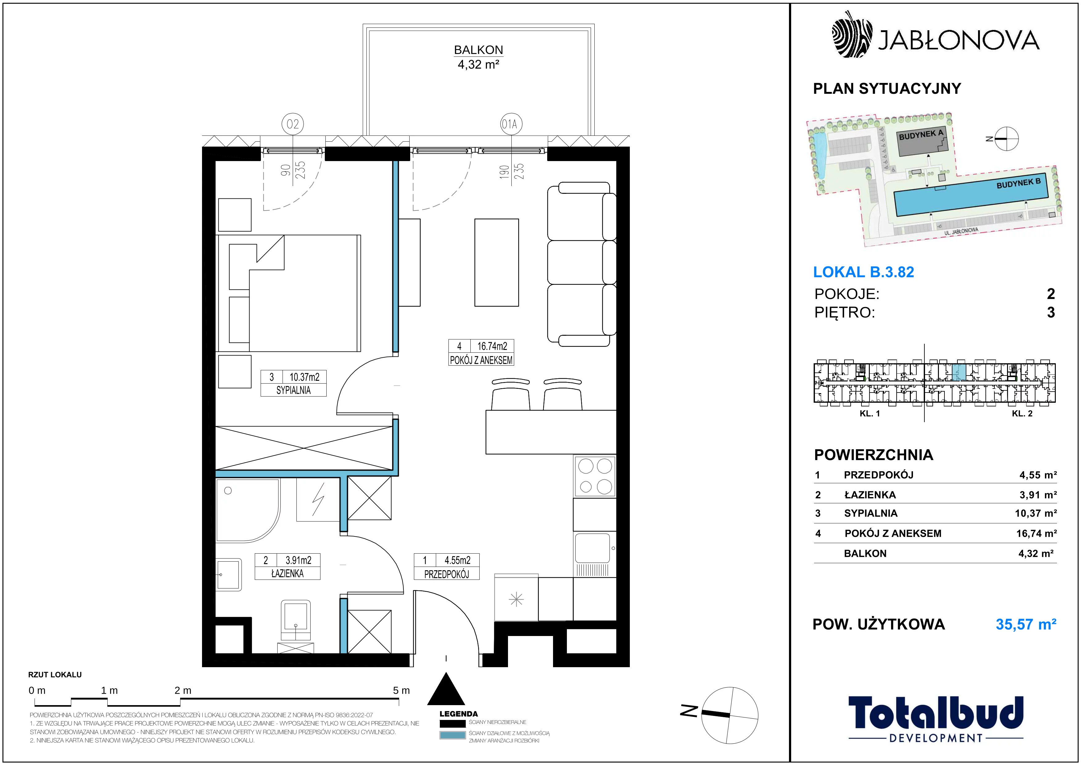 2 pokoje, mieszkanie 35,57 m², piętro 3, oferta nr B.3.82, Jabłonova Bud. B, Piaseczno, ul. Jabłoniowa