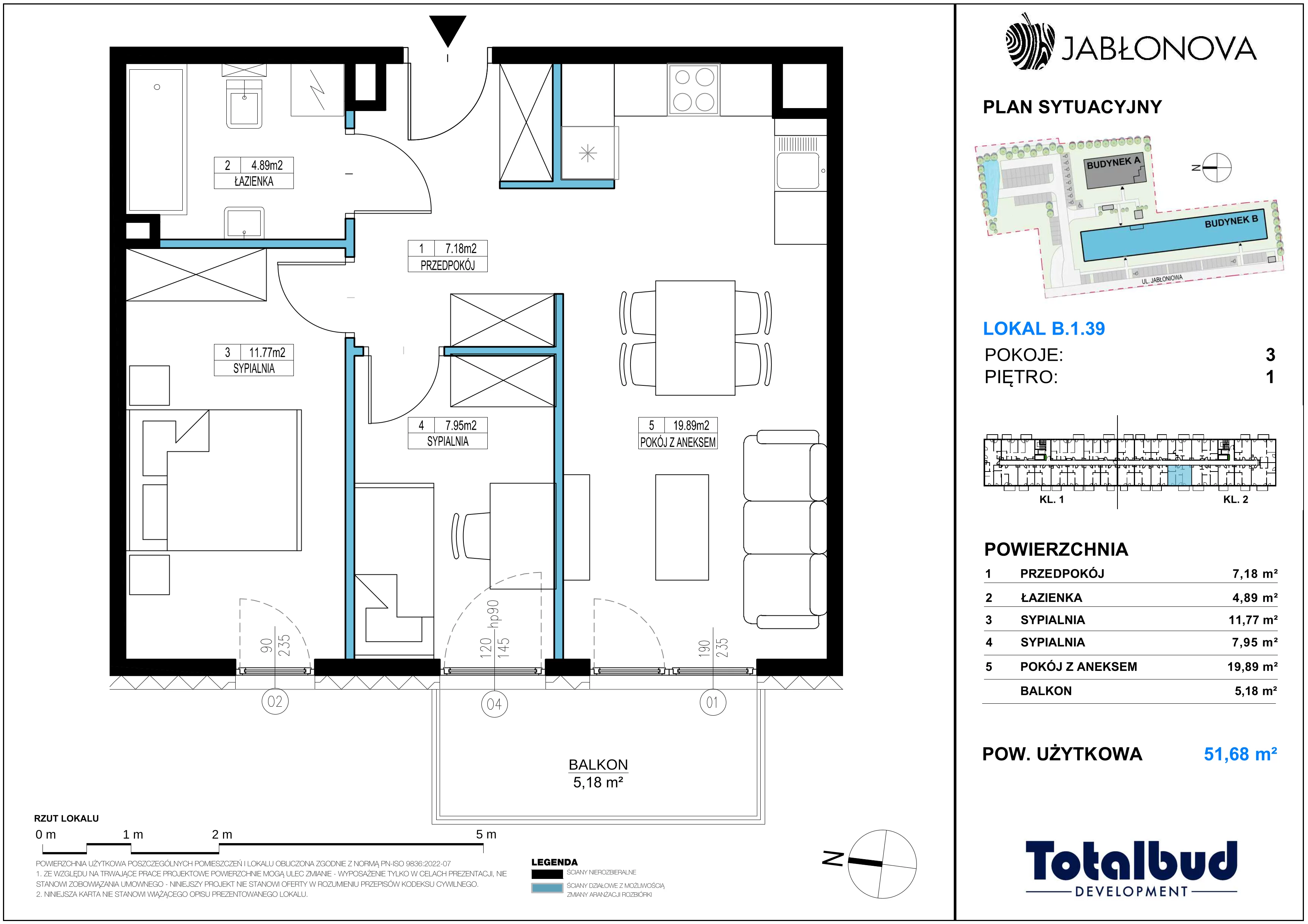 3 pokoje, mieszkanie 51,68 m², piętro 1, oferta nr B.1.39, Jabłonova Bud. B, Piaseczno, ul. Jabłoniowa