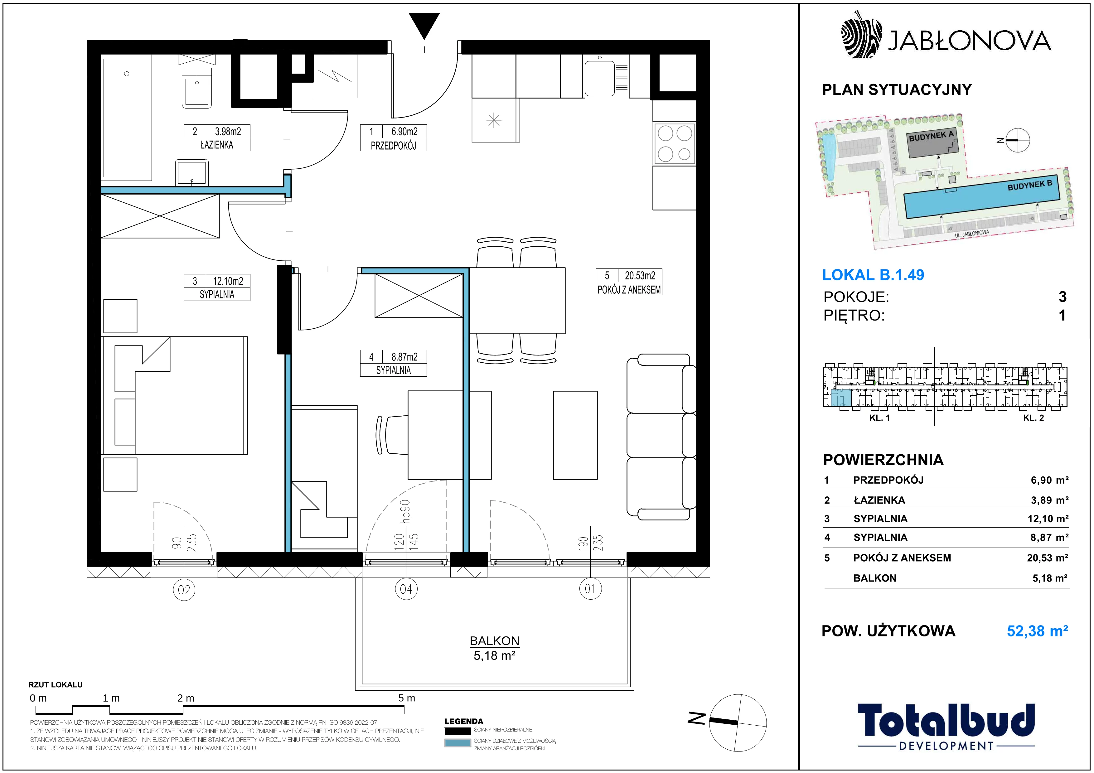3 pokoje, mieszkanie 52,38 m², piętro 1, oferta nr B.1.49, Jabłonova Bud. B, Piaseczno, ul. Jabłoniowa