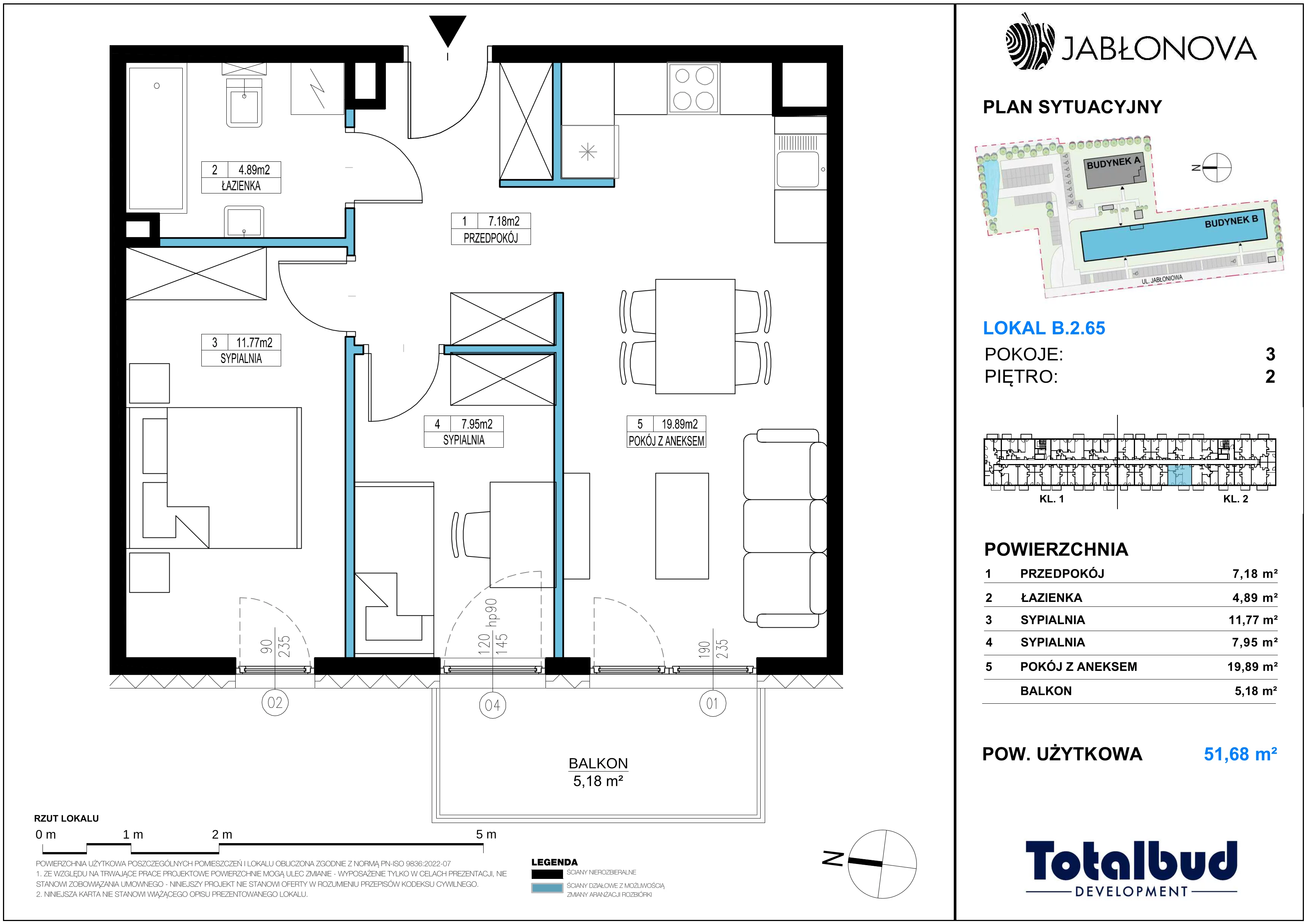 3 pokoje, mieszkanie 51,68 m², piętro 2, oferta nr B.2.65, Jabłonova Bud. B, Piaseczno, ul. Jabłoniowa