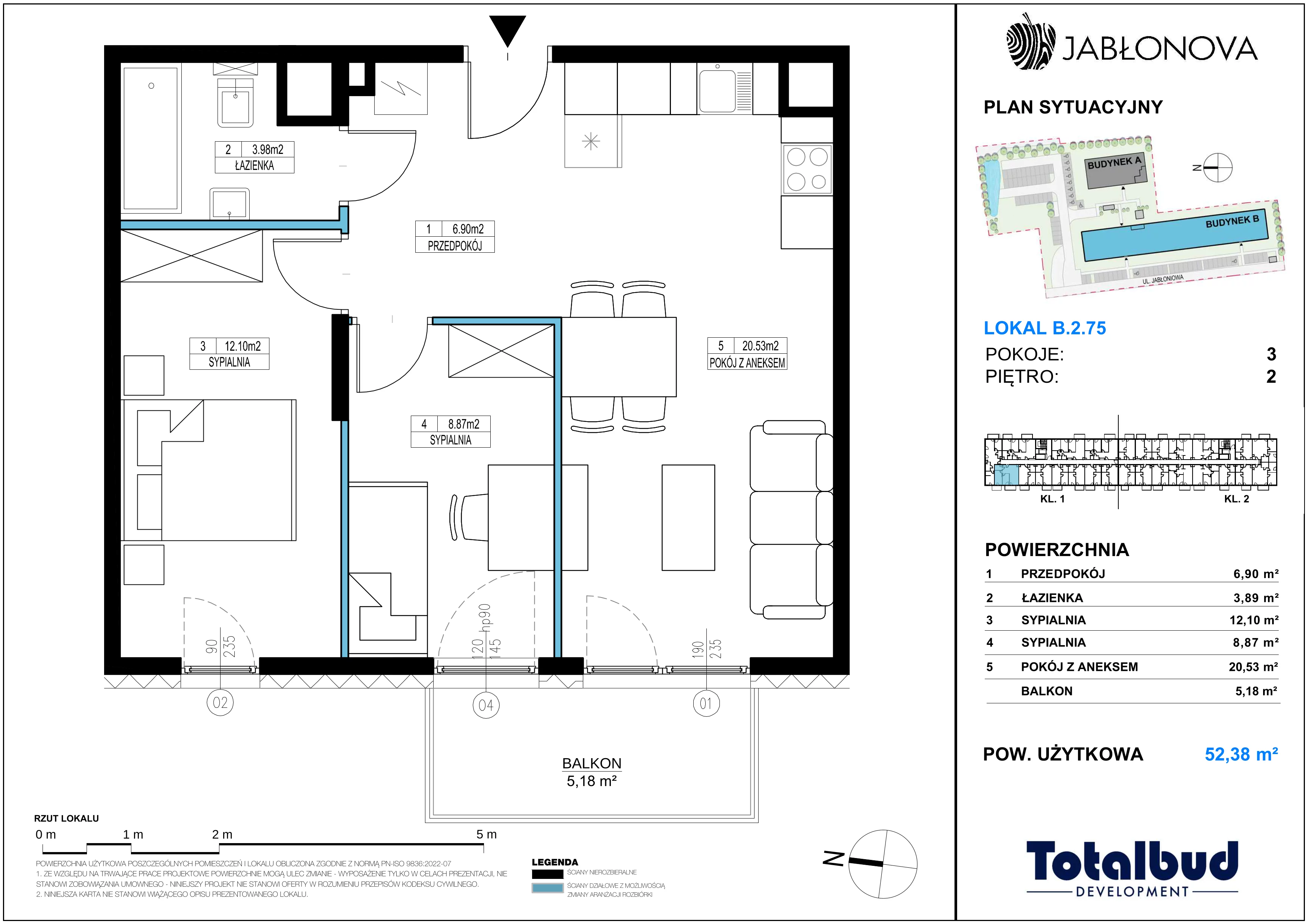 3 pokoje, mieszkanie 52,38 m², piętro 2, oferta nr B.2.75, Jabłonova Bud. B, Piaseczno, ul. Jabłoniowa