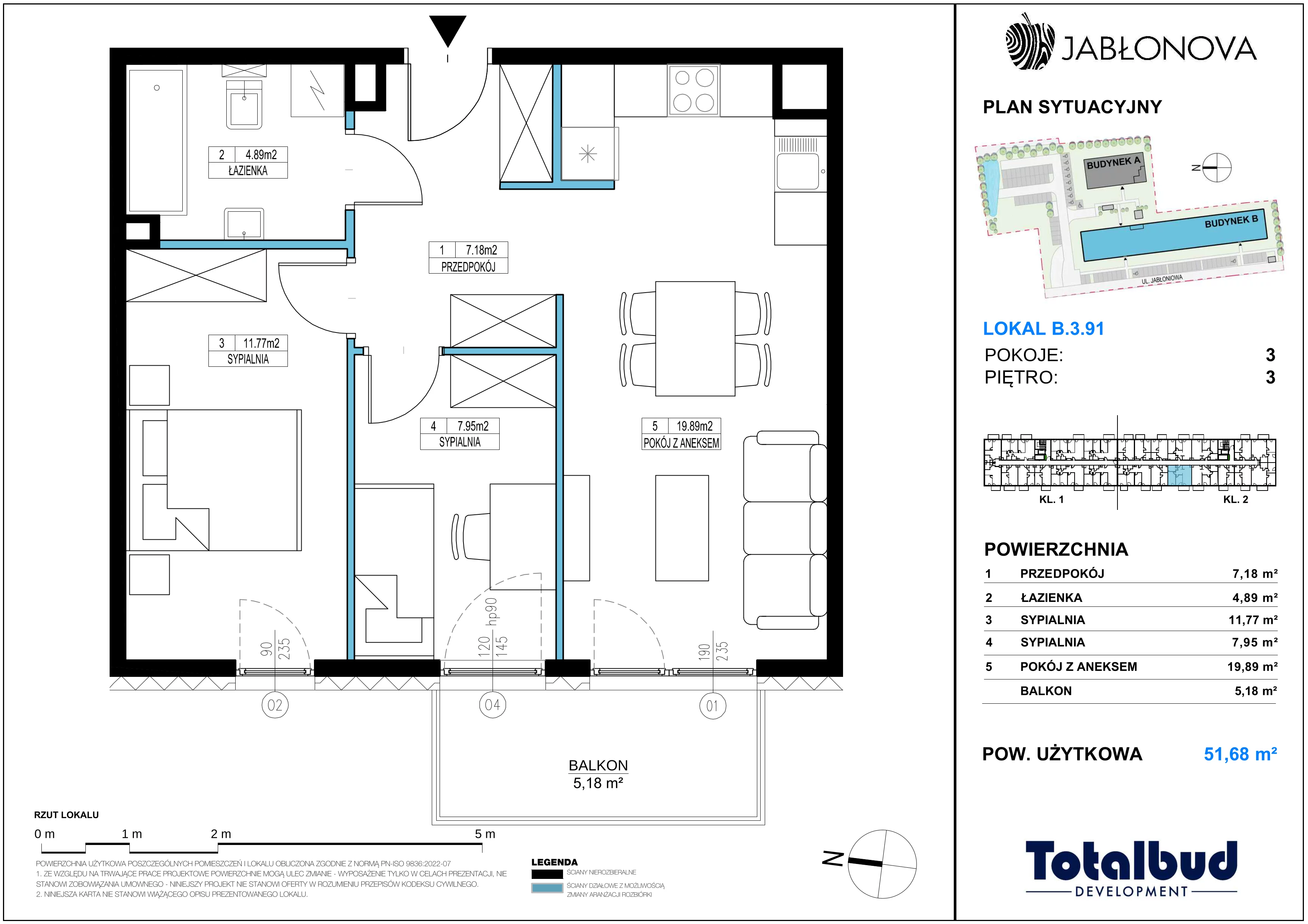 3 pokoje, mieszkanie 51,68 m², piętro 3, oferta nr B.3.91, Jabłonova Bud. B, Piaseczno, ul. Jabłoniowa