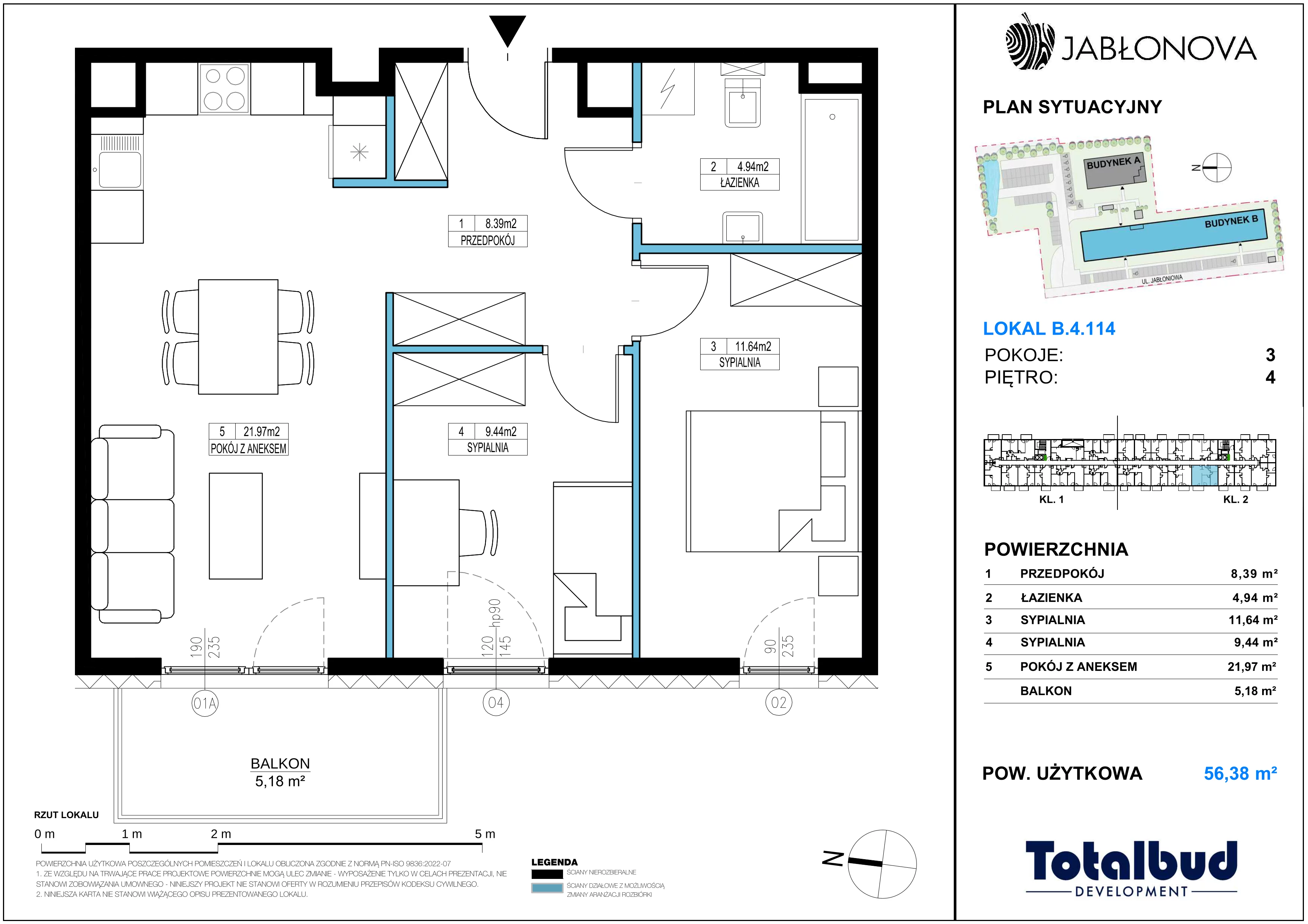 3 pokoje, mieszkanie 56,38 m², piętro 4, oferta nr B.4.114, Jabłonova Bud. B, Piaseczno, ul. Jabłoniowa