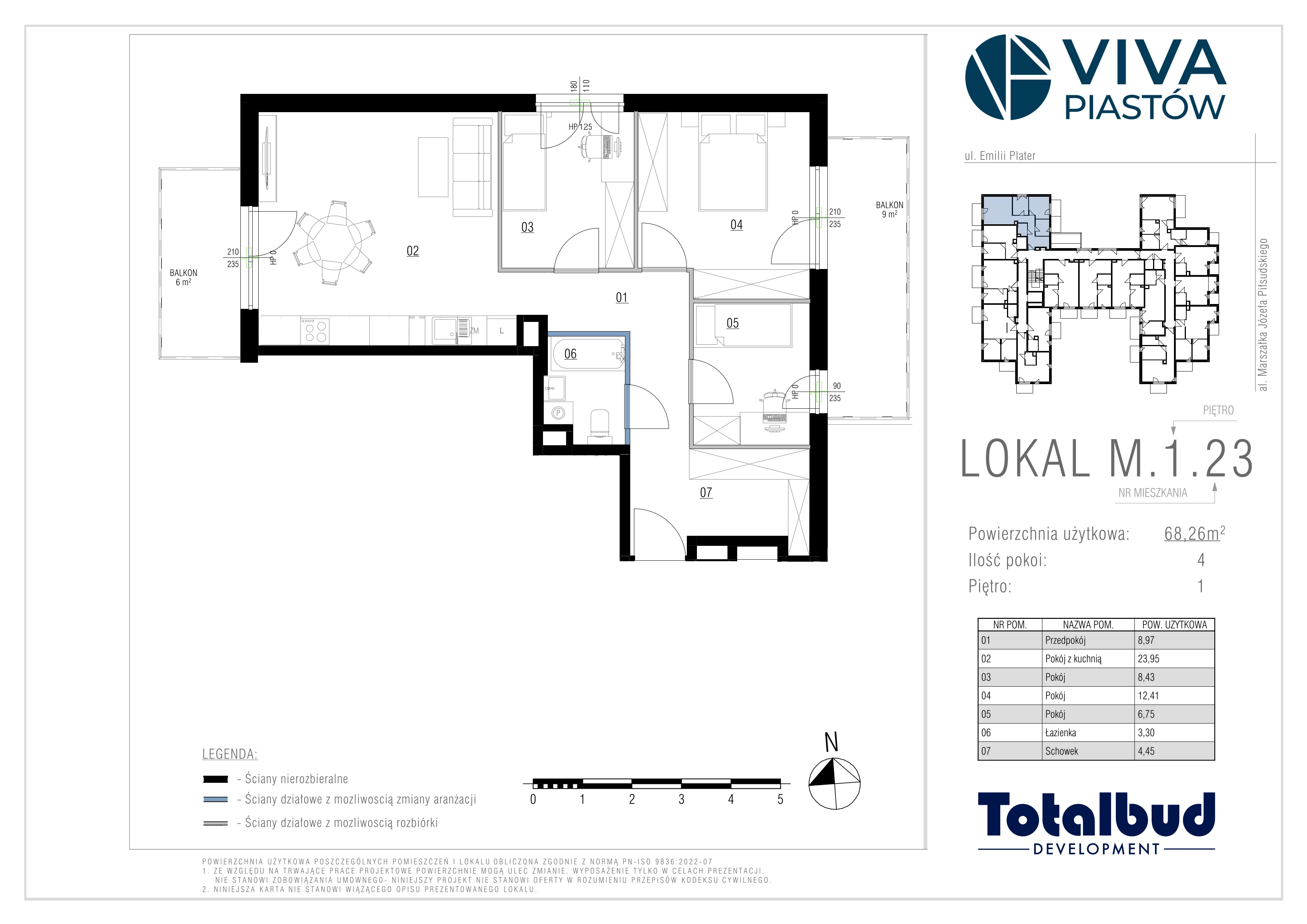 4 pokoje, mieszkanie 68,26 m², piętro 1, oferta nr M.1.23, Viva Piastów, Piastów, ul. Emilii Plater 13
