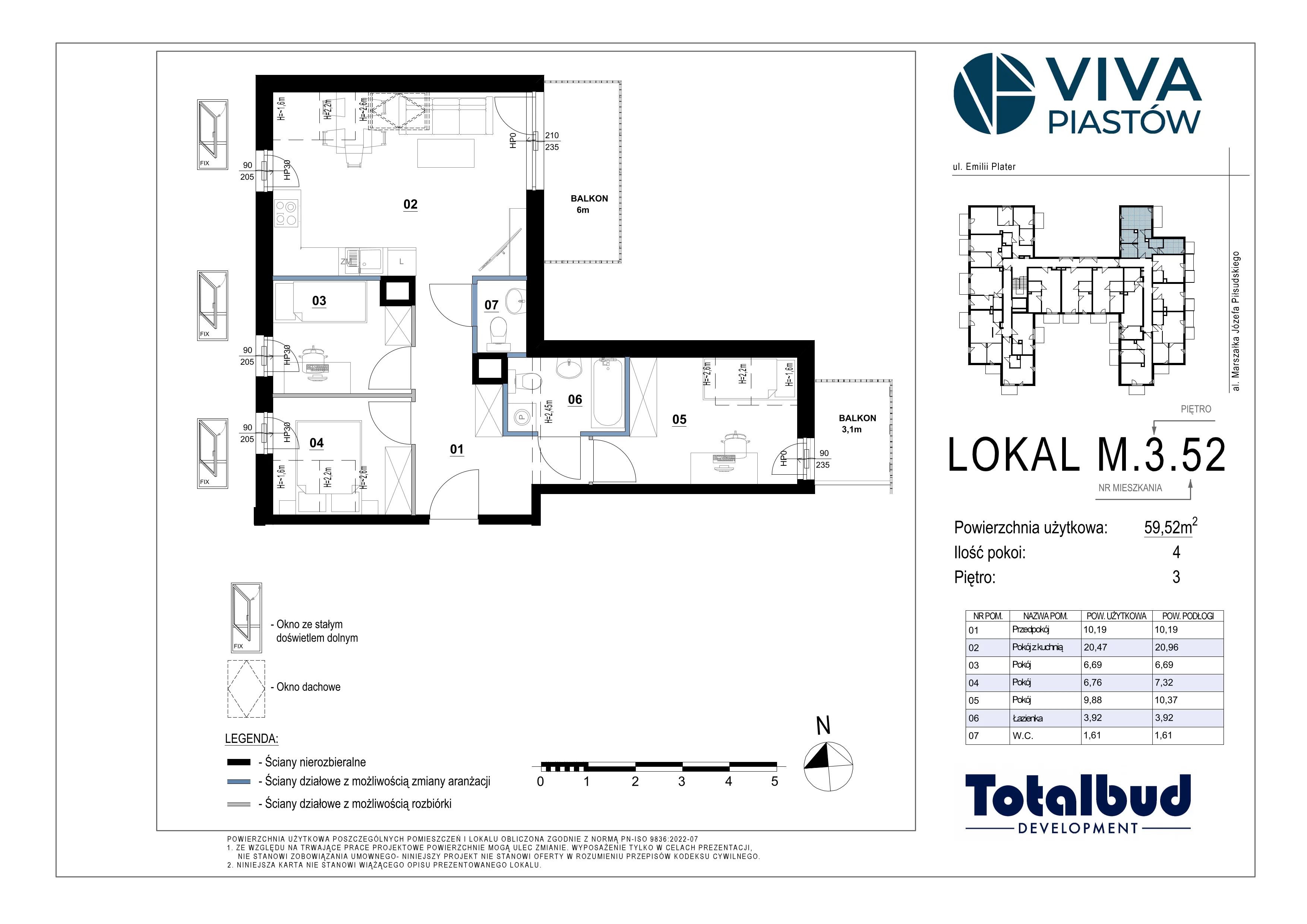 4 pokoje, mieszkanie 59,52 m², piętro 3, oferta nr M.3.52, Viva Piastów, Piastów, ul. Emilii Plater 13