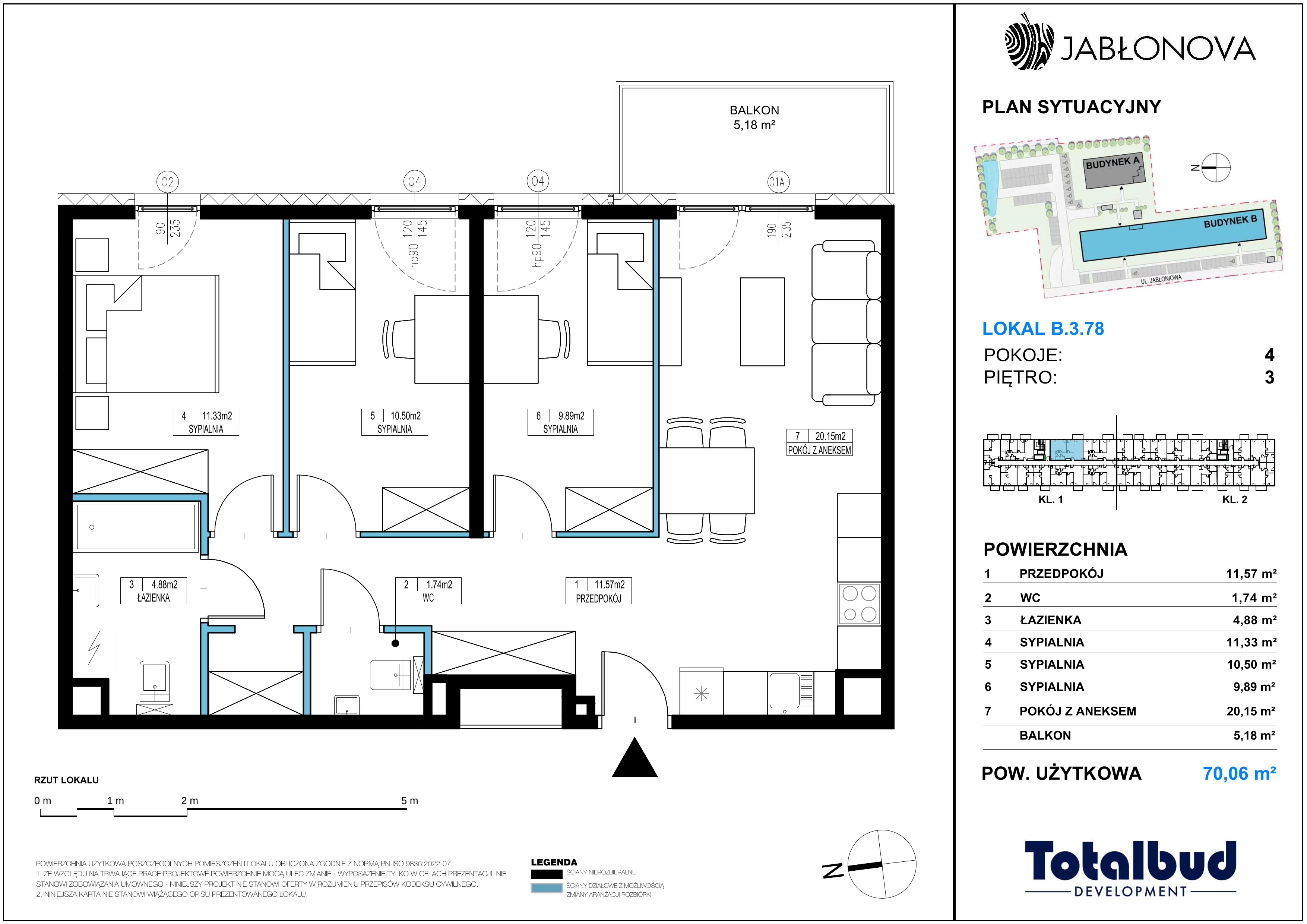 4 pokoje, mieszkanie 70,06 m², piętro 3, oferta nr B.3.78, Jabłonova Bud. B, Piaseczno, ul. Jabłoniowa