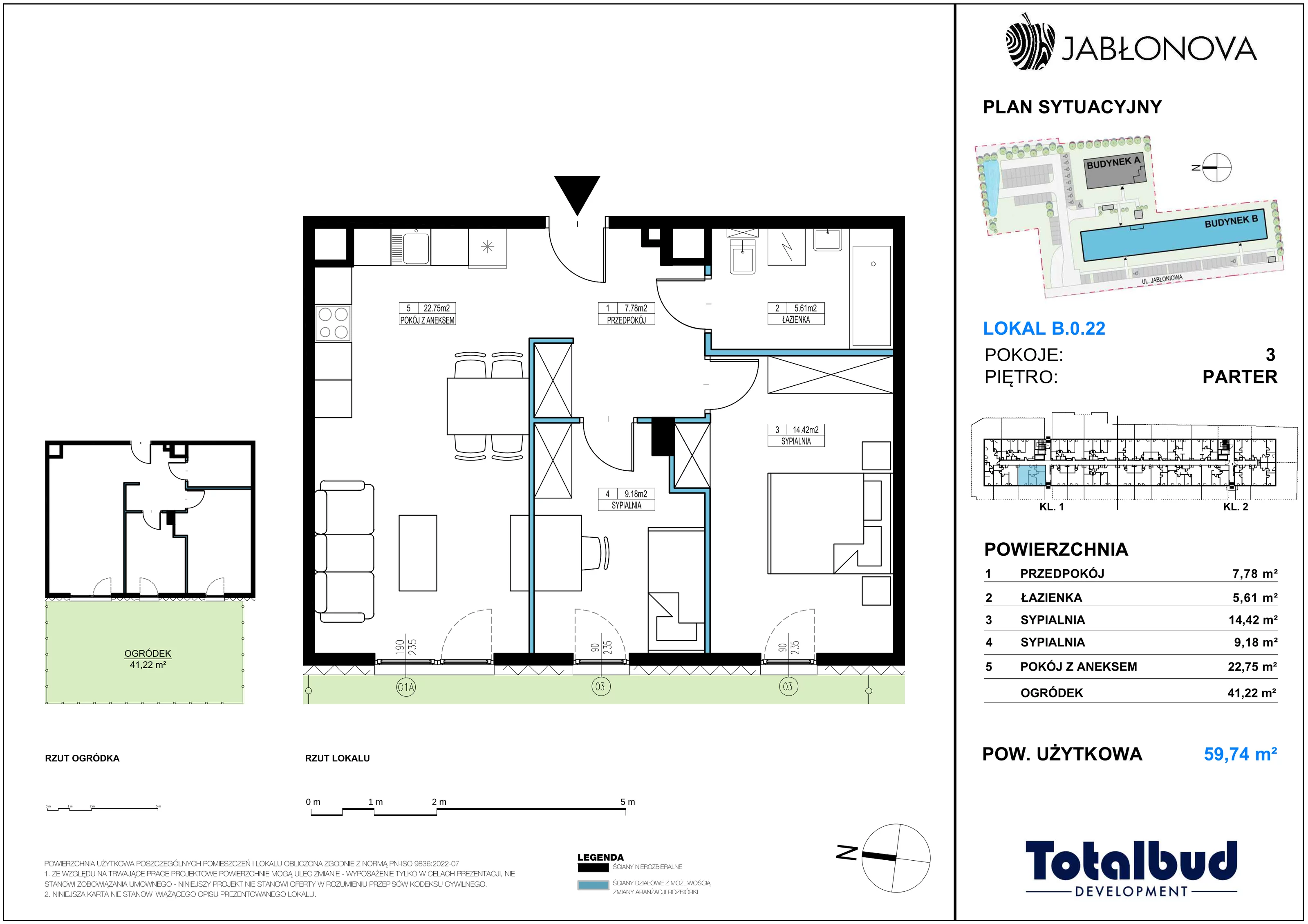 3 pokoje, mieszkanie 59,74 m², parter, oferta nr B.0.22, Jabłonova Bud. B, Piaseczno, ul. Jabłoniowa