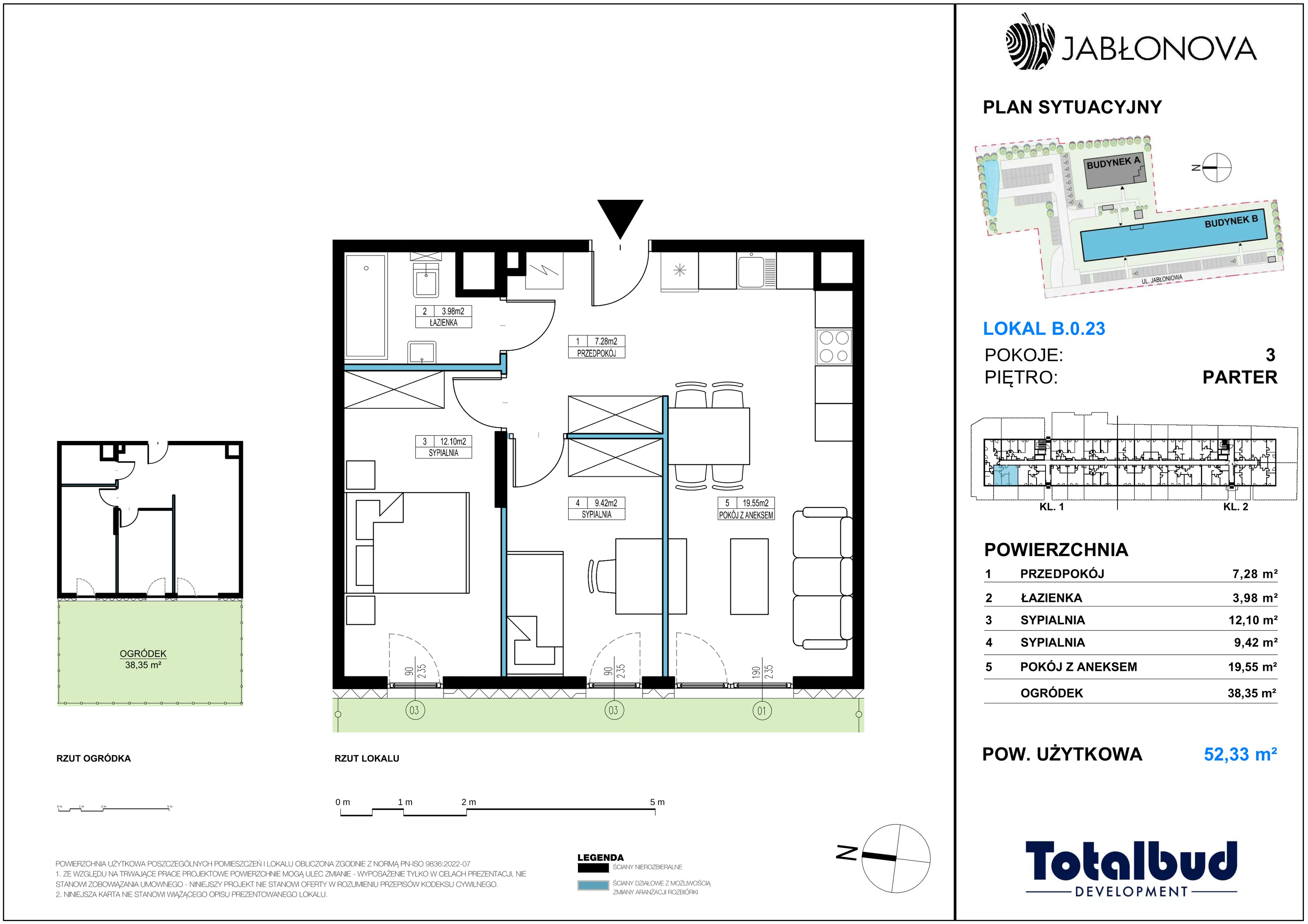 3 pokoje, mieszkanie 52,33 m², parter, oferta nr B.0.23, Jabłonova Bud. B, Piaseczno, ul. Jabłoniowa