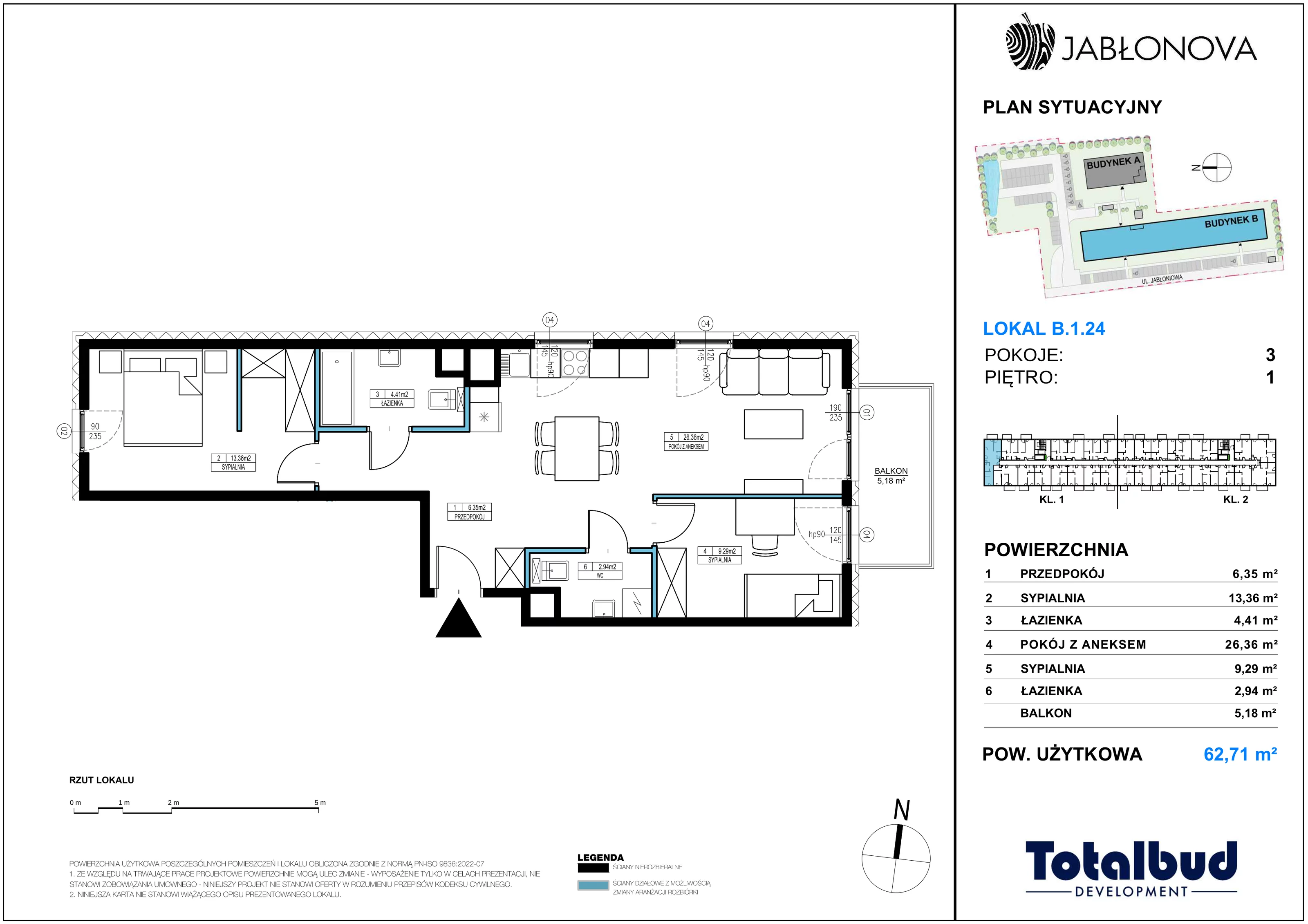 3 pokoje, mieszkanie 62,71 m², piętro 1, oferta nr B.1.24, Jabłonova Bud. B, Piaseczno, ul. Jabłoniowa