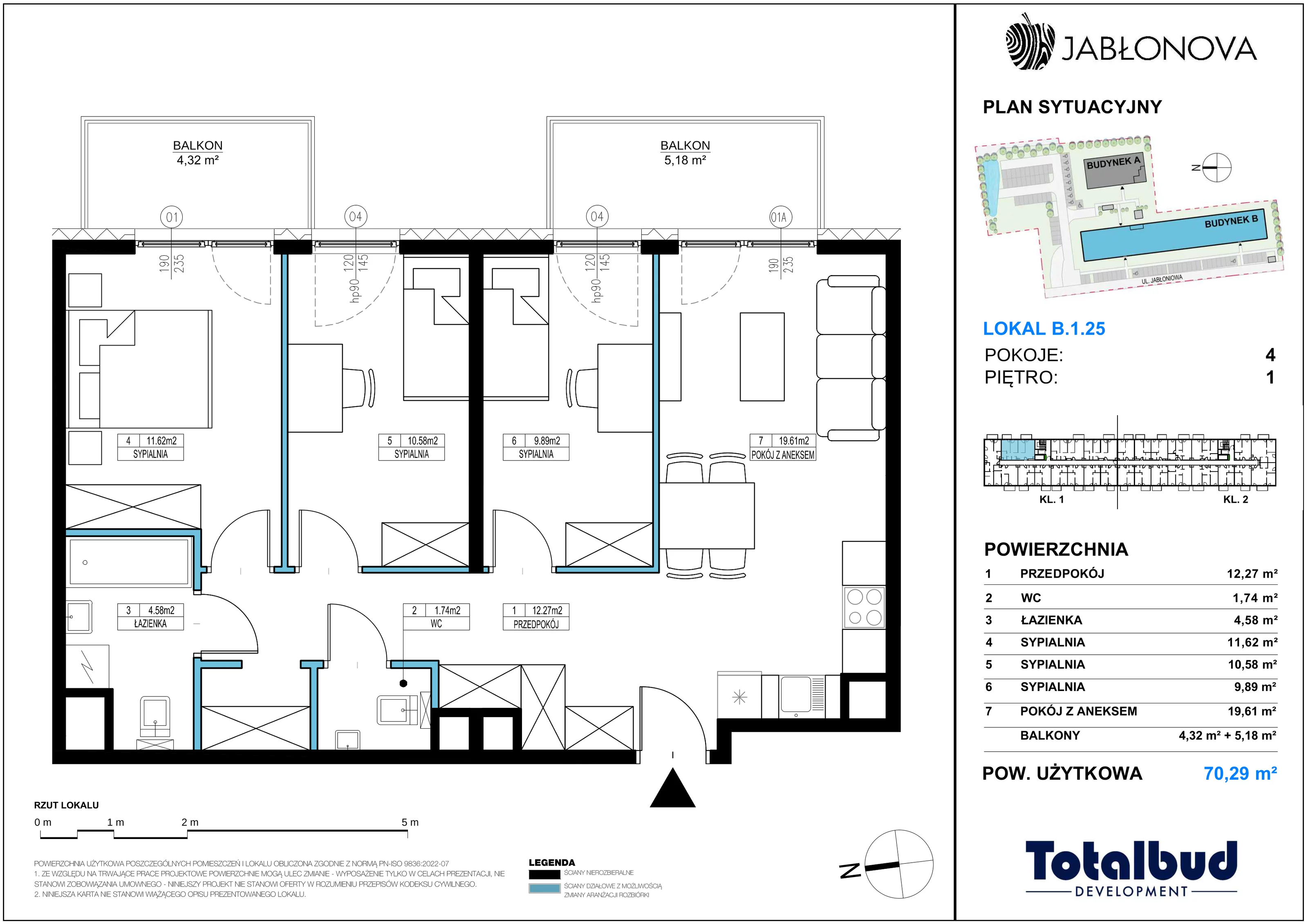 4 pokoje, mieszkanie 70,29 m², piętro 1, oferta nr B.1.25, Jabłonova Bud. B, Piaseczno, ul. Jabłoniowa