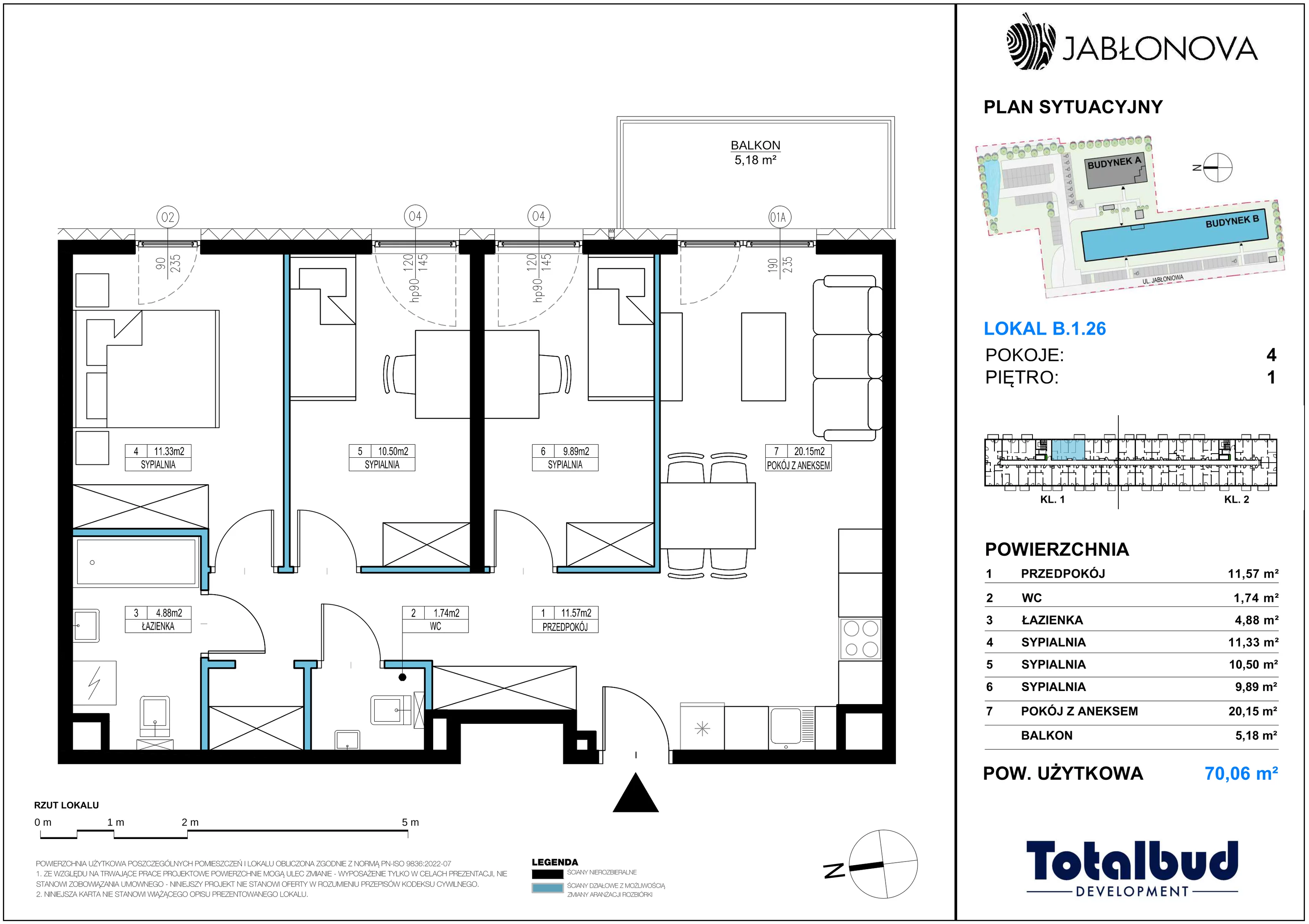 4 pokoje, mieszkanie 70,06 m², piętro 1, oferta nr B.1.26, Jabłonova Bud. B, Piaseczno, ul. Jabłoniowa